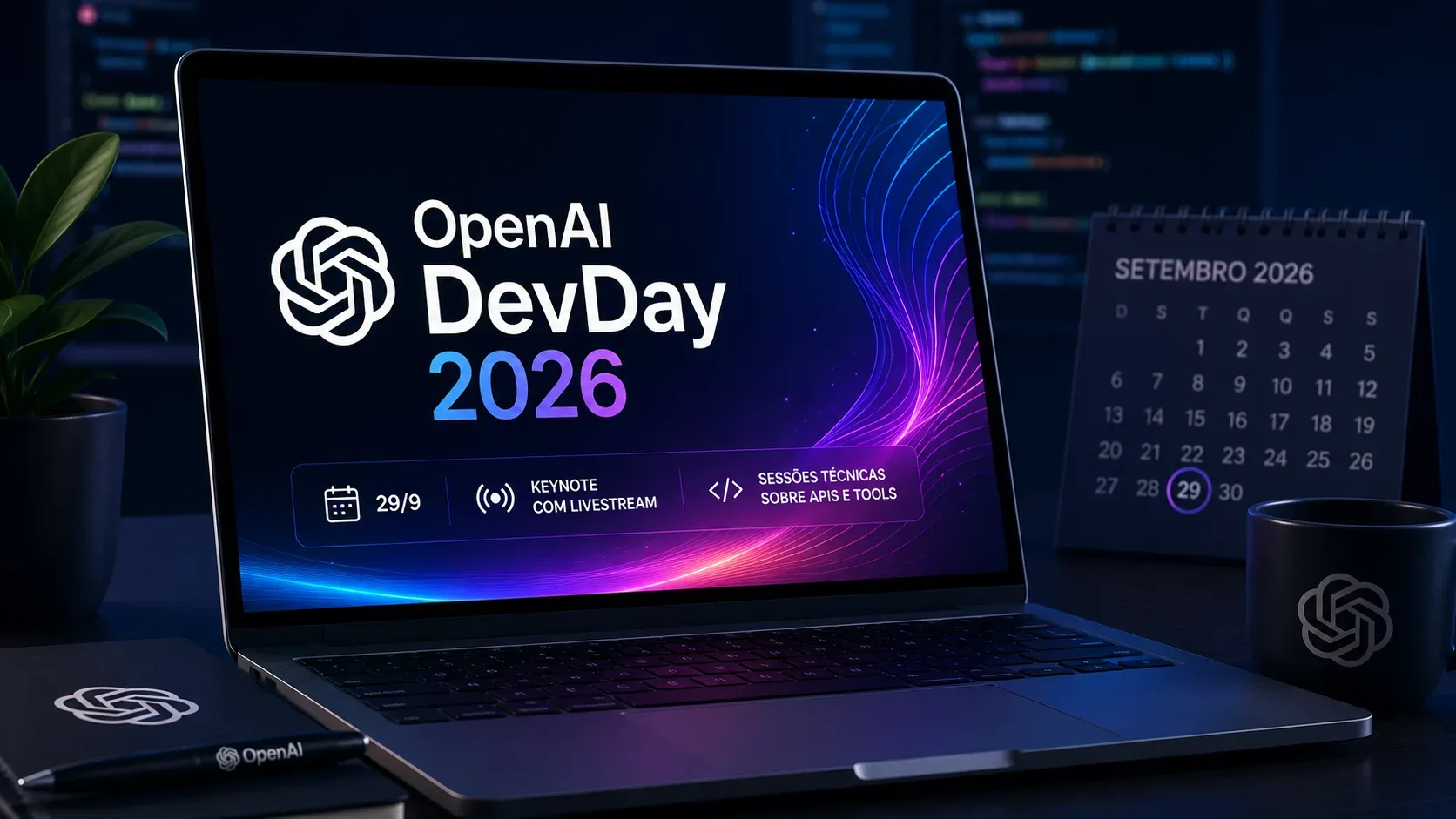 Notebook em mesa escura exibe uma arte do OpenAI DevDay 2026 com a data 29/9, referências à keynote, livestream, APIs e ferramentas, ao lado de um calendário de setembro.