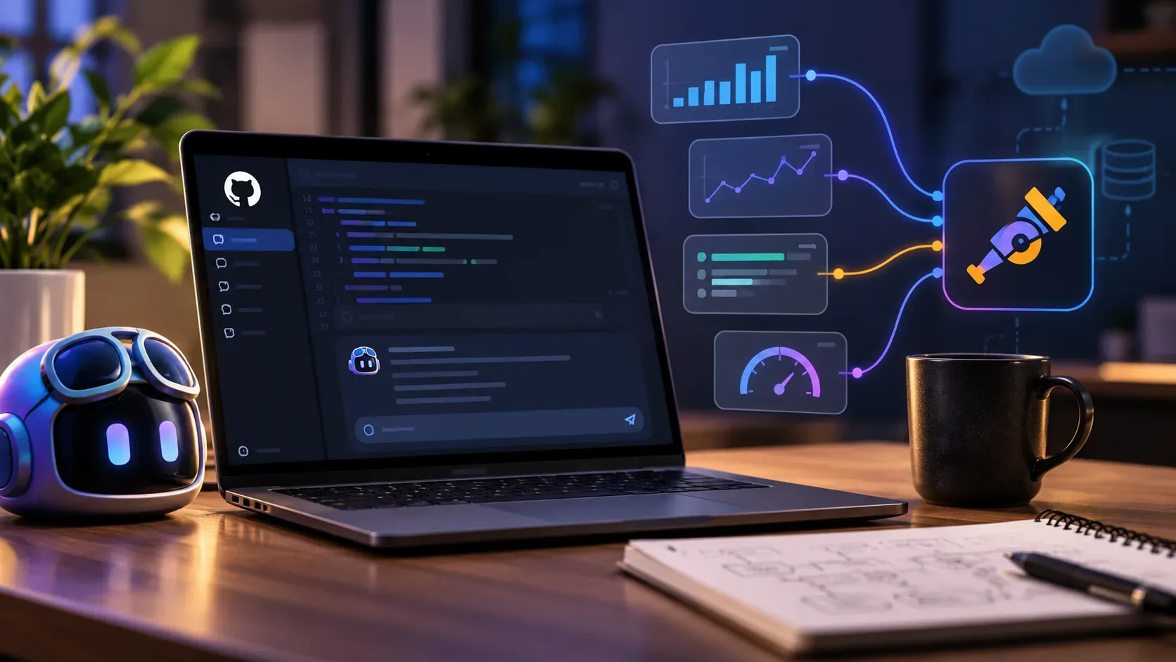 Notebook em mesa de trabalho com interface de código e assistente de IA, conectado visualmente a painéis de gráficos e telemetria.