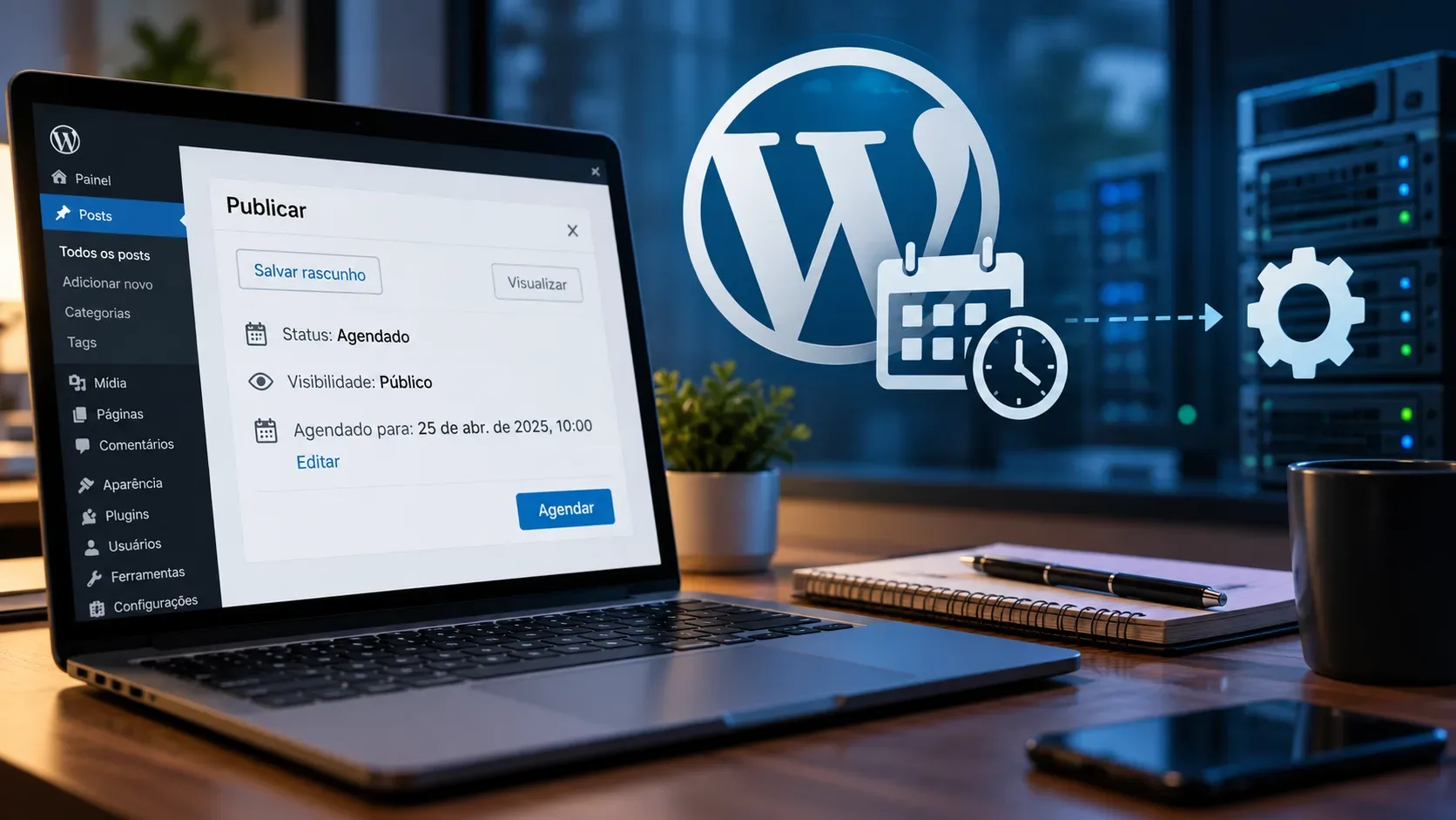 Notebook com painel de agendamento do WordPress ao lado de ícones de calendário, relógio e engrenagem conectados a servidores.