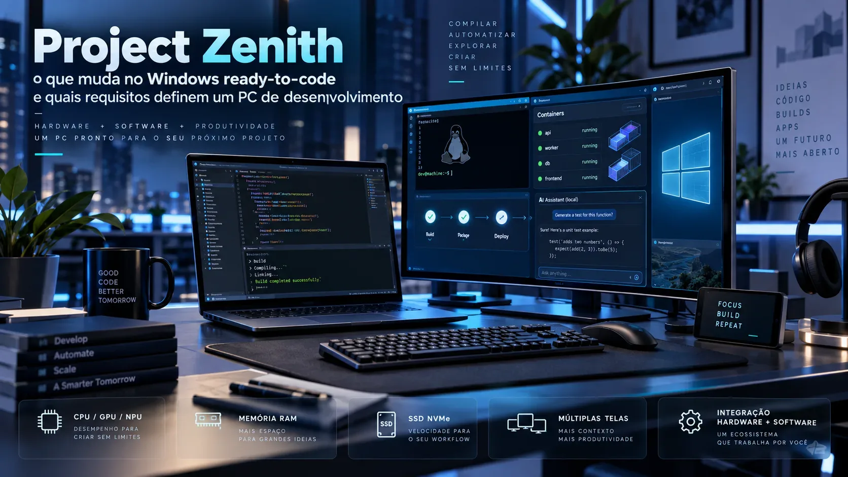 Estação de trabalho futurista para desenvolvimento com notebook e monitor exibindo código, terminal, containers e IA local, sob o título Project Zenith e painéis sobre hardware.