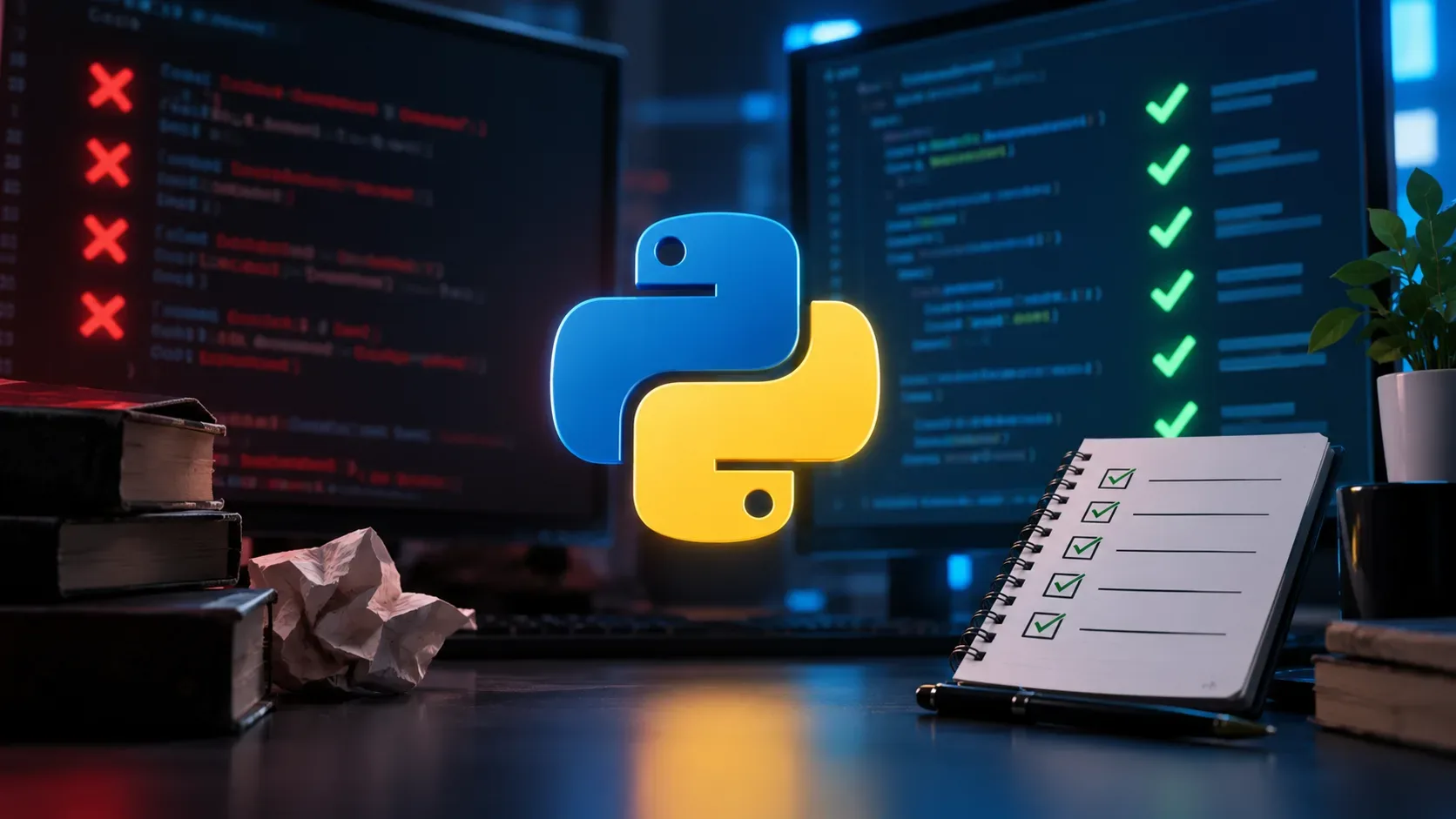 Estação de desenvolvimento com símbolo do Python ao centro, erros em vermelho à esquerda e verificações de compatibilidade em verde à direita.