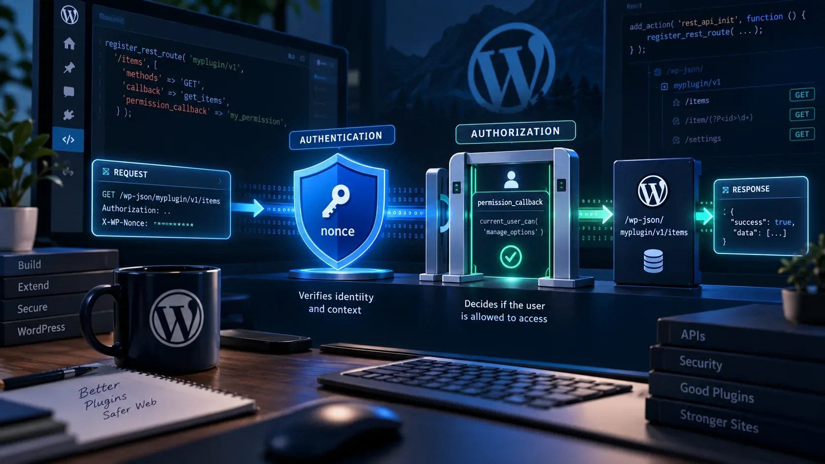 Mesa de desenvolvimento com um fluxo visual da REST API do WordPress, mostrando uma etapa de nonce e outra de controle de permissão antes do endpoint.