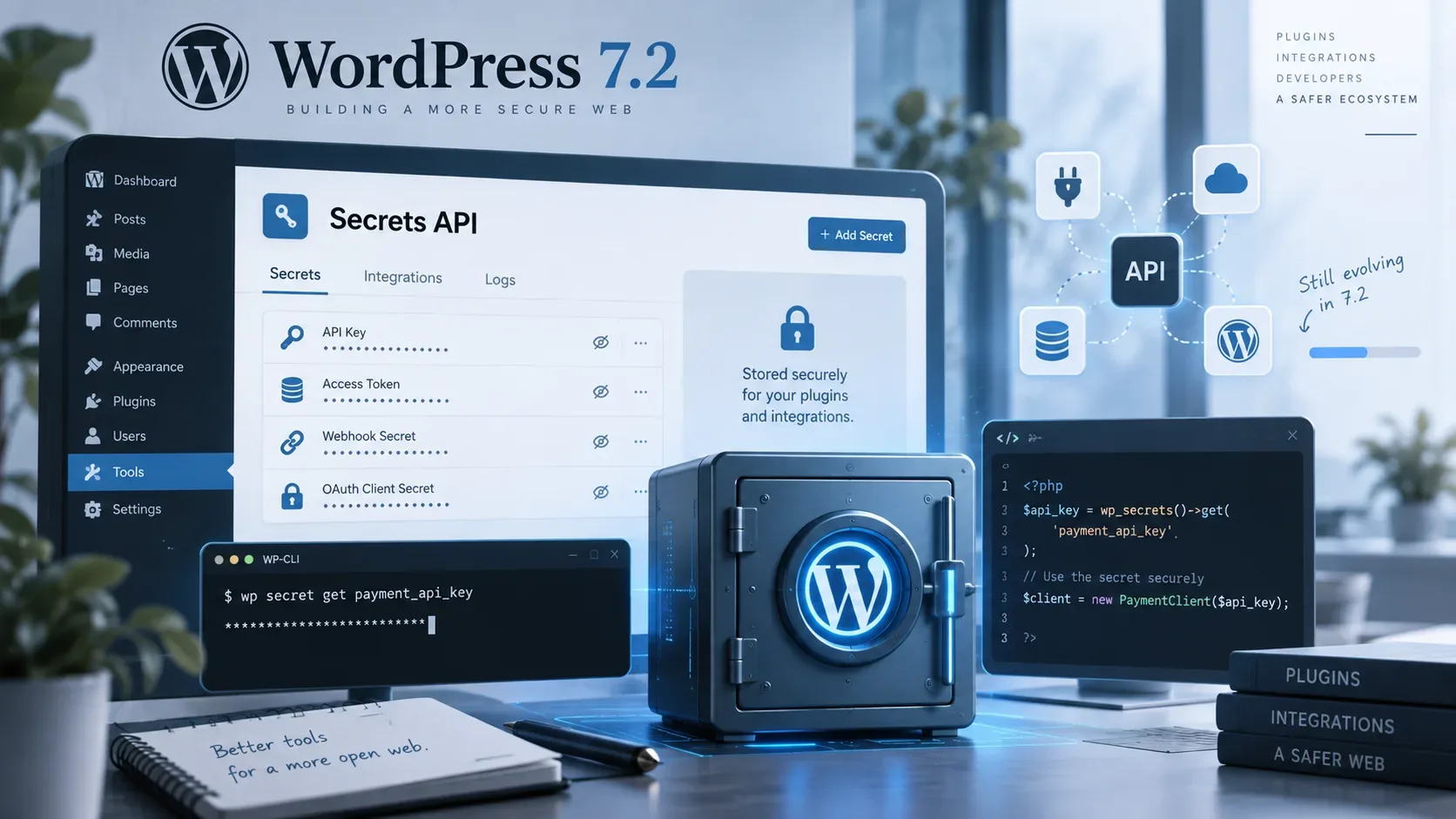 Ilustração tecnológica com painel do WordPress 7.2, interface da Secrets API, cofre digital, terminal WP-CLI e janela de código.