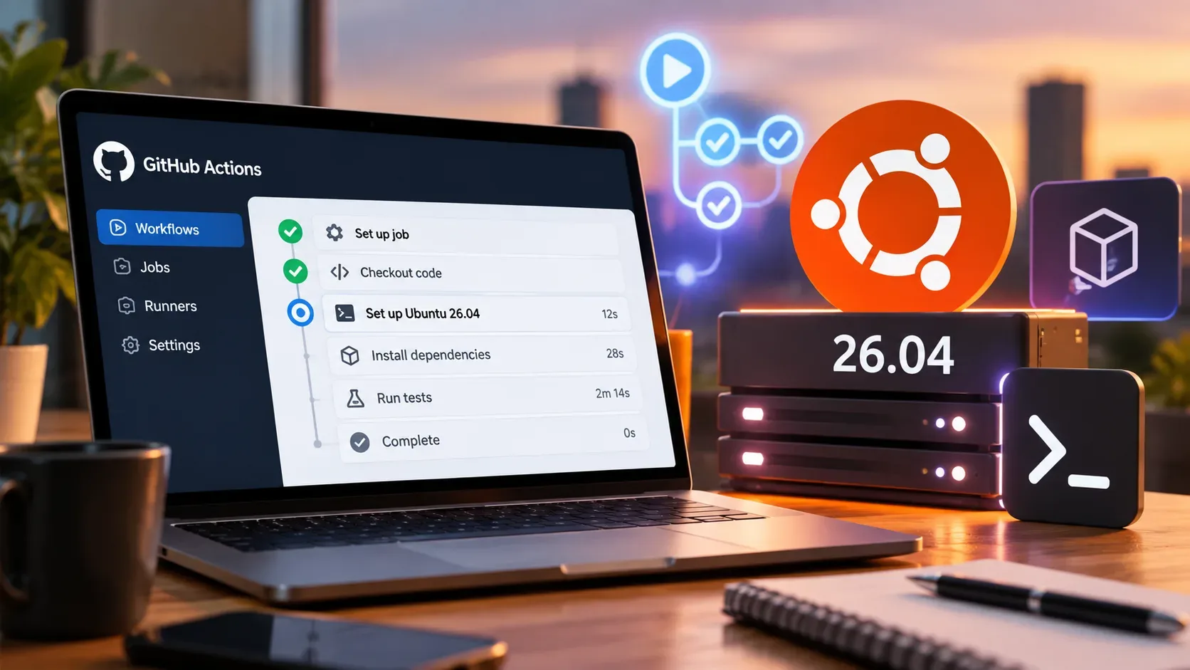 Notebook exibindo um workflow do GitHub Actions ao lado do logotipo do Ubuntu e de uma ilustração de servidores com a versão 26.04.