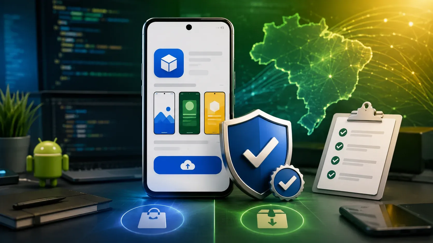 Smartphone com interface genérica de publicação de app, escudo com marca de verificação, checklist e mapa luminoso do Brasil ao fundo.