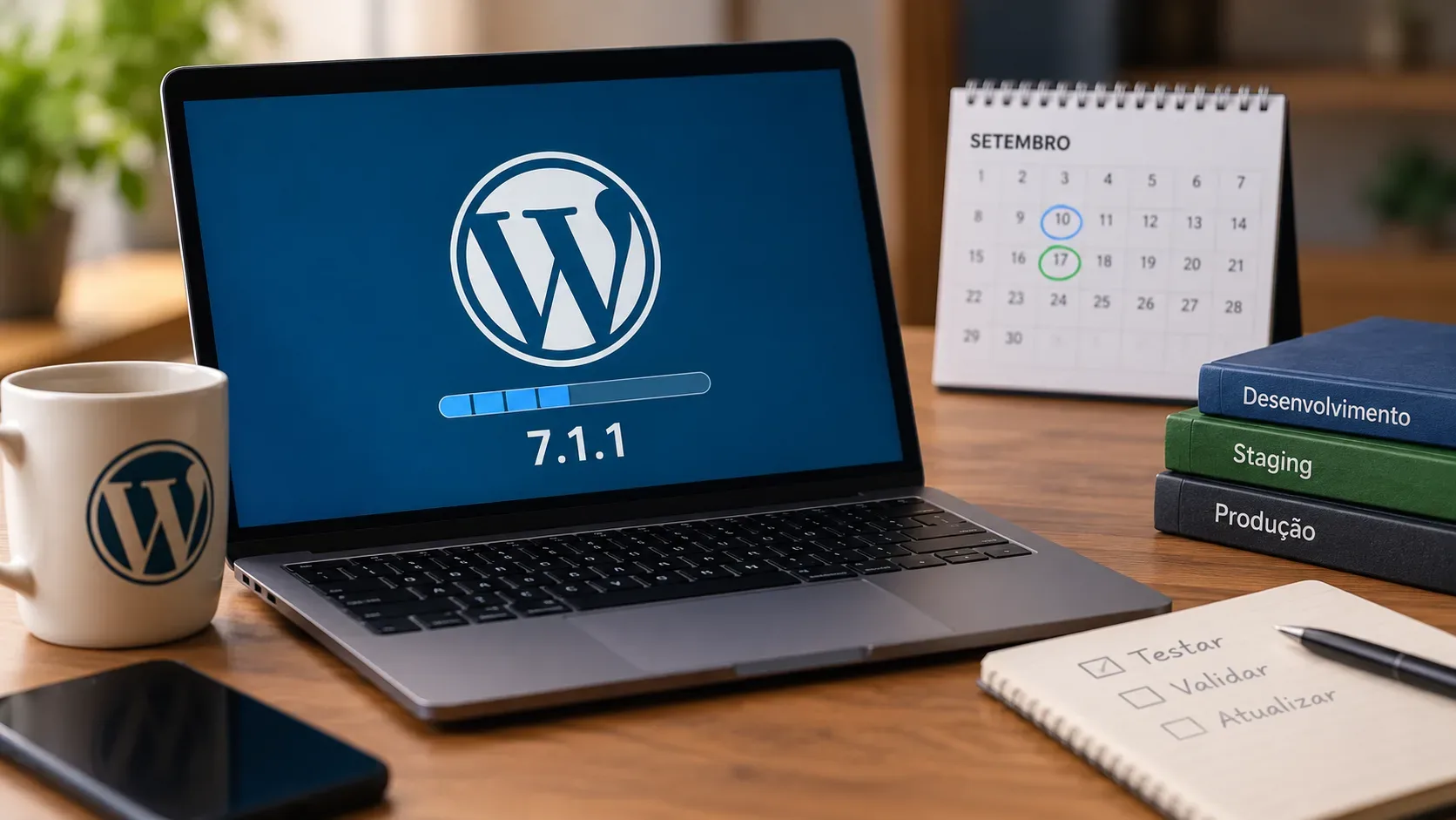Notebook com tela do WordPress 7.1.1, calendário de setembro com os dias 10 e 17 destacados e livros de desenvolvimento, staging e produção sobre uma mesa.