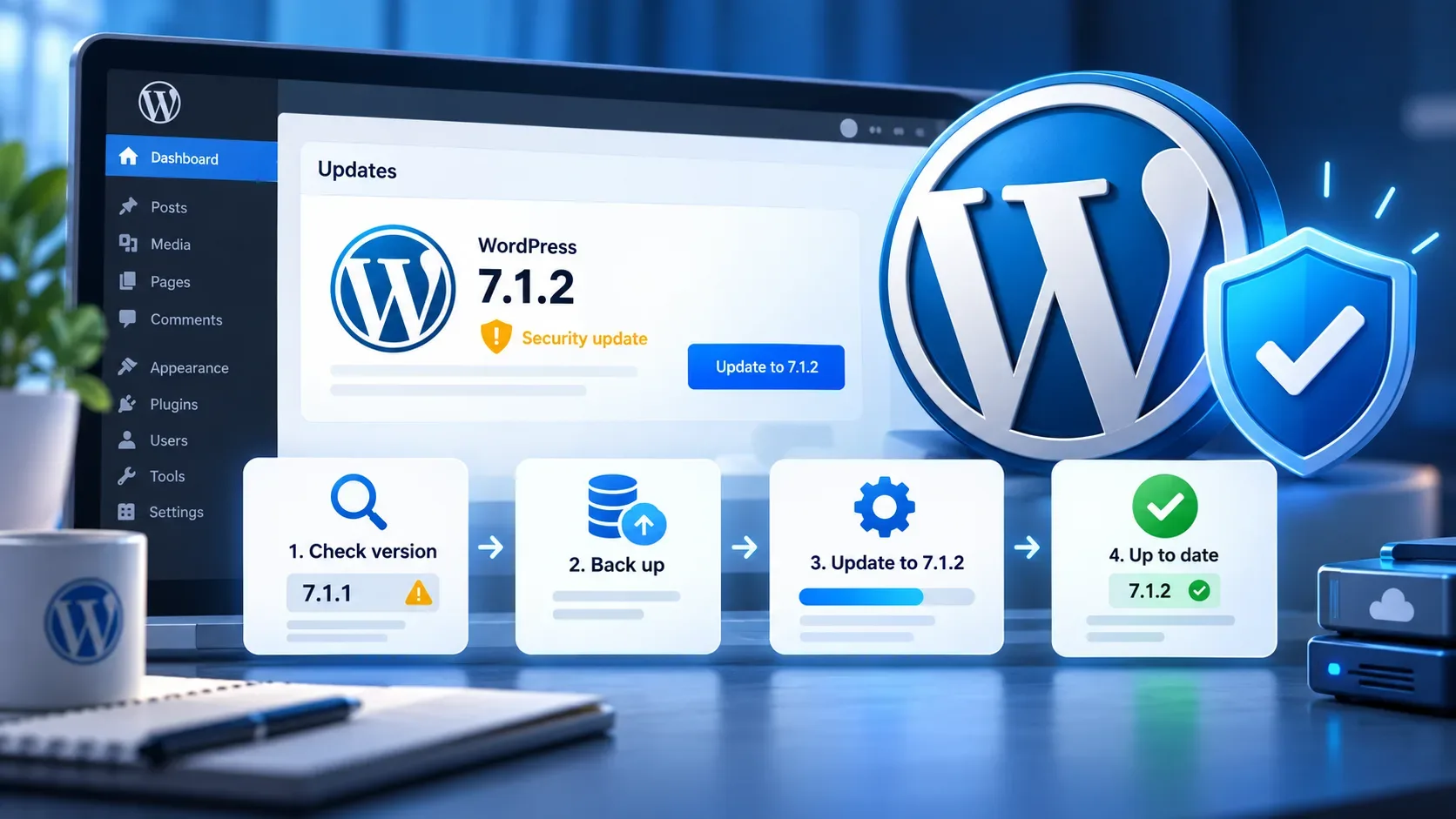 Ilustração de um painel do WordPress exibindo atualização para a versão 7.1.2, escudo de segurança e etapas de verificação, backup e atualização.