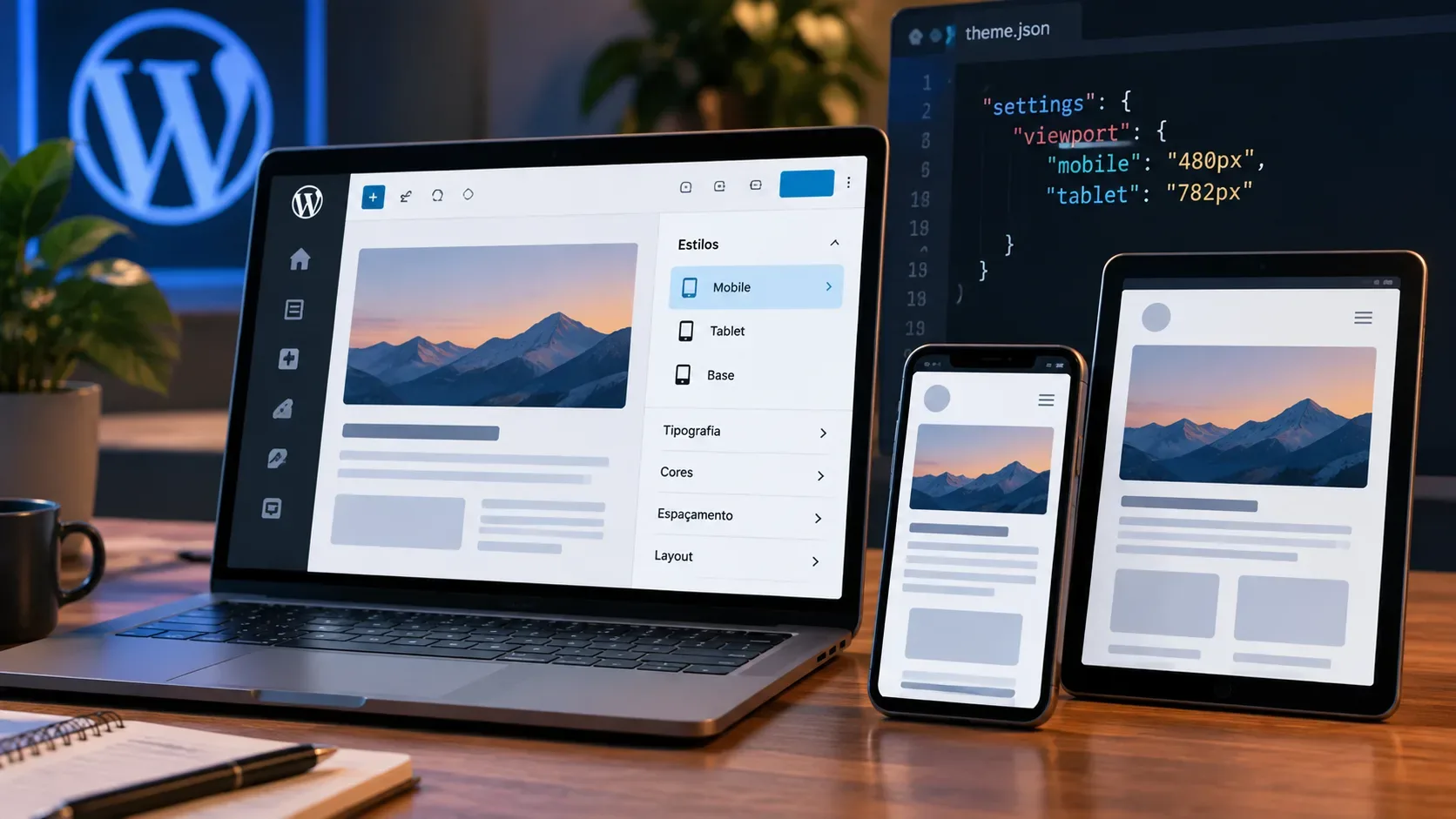 Notebook exibindo o editor do WordPress ao lado de smartphone e tablet, com um painel de theme.json ao fundo mostrando a configuração de breakpoints responsivos.