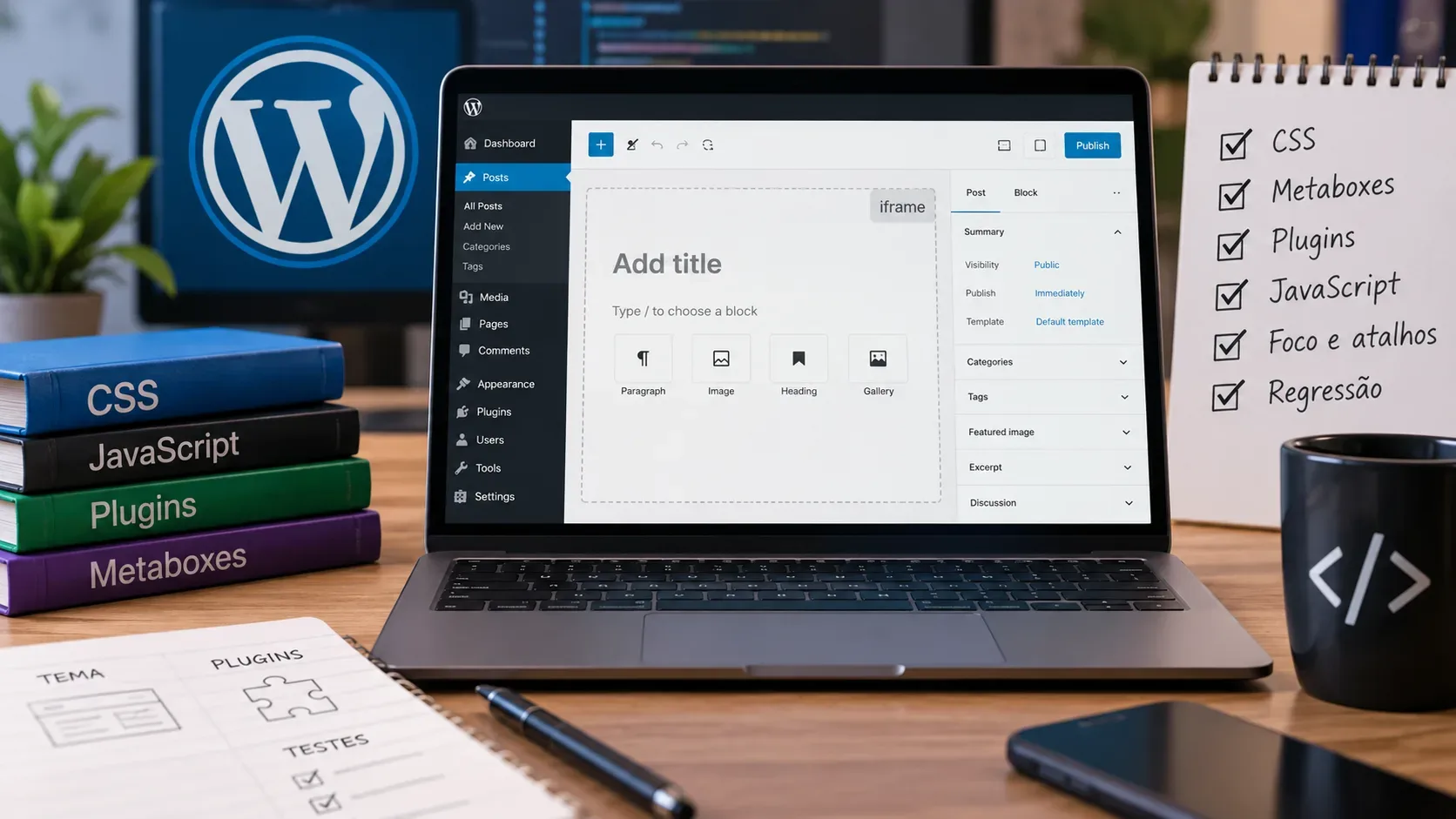 Laptop com o editor do WordPress ao centro, livros de CSS e plugins à esquerda e um checklist de testes de compatibilidade à direita.
