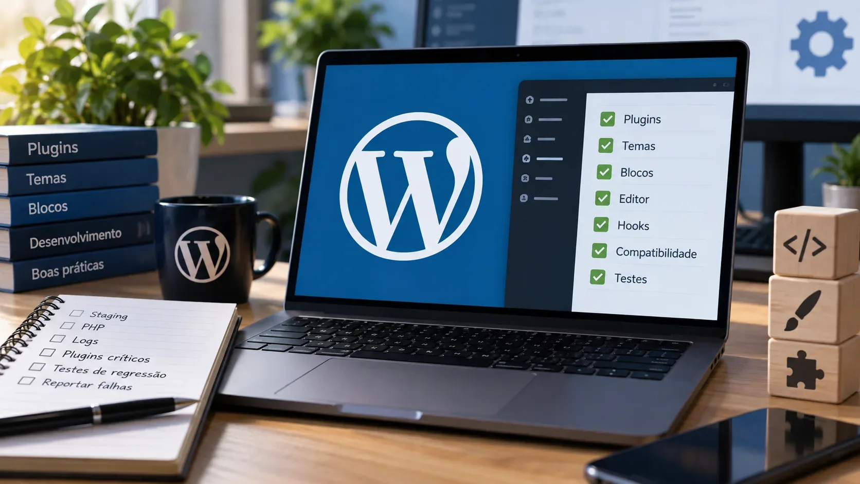 Notebook de desenvolvimento com o símbolo do WordPress na tela, checklist de compatibilidade ao lado e caderno de testes sobre a mesa.