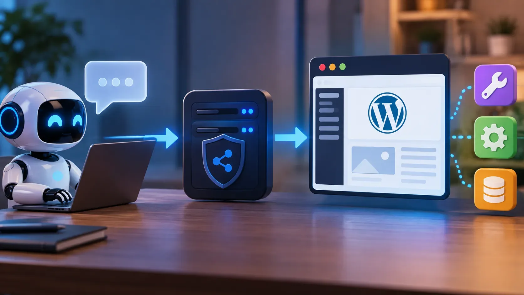Robô diante de um notebook ligado por setas azuis a um servidor-proxy, uma tela do WordPress e ícones de ferramentas.