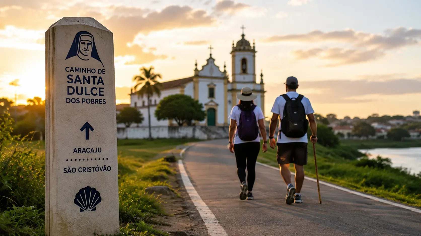 Dois peregrinos caminham por uma estrada ao pôr do sol, ao lado de um marco do Caminho de Santa Dulce dos Pobres, com uma igreja histórica ao fundo.