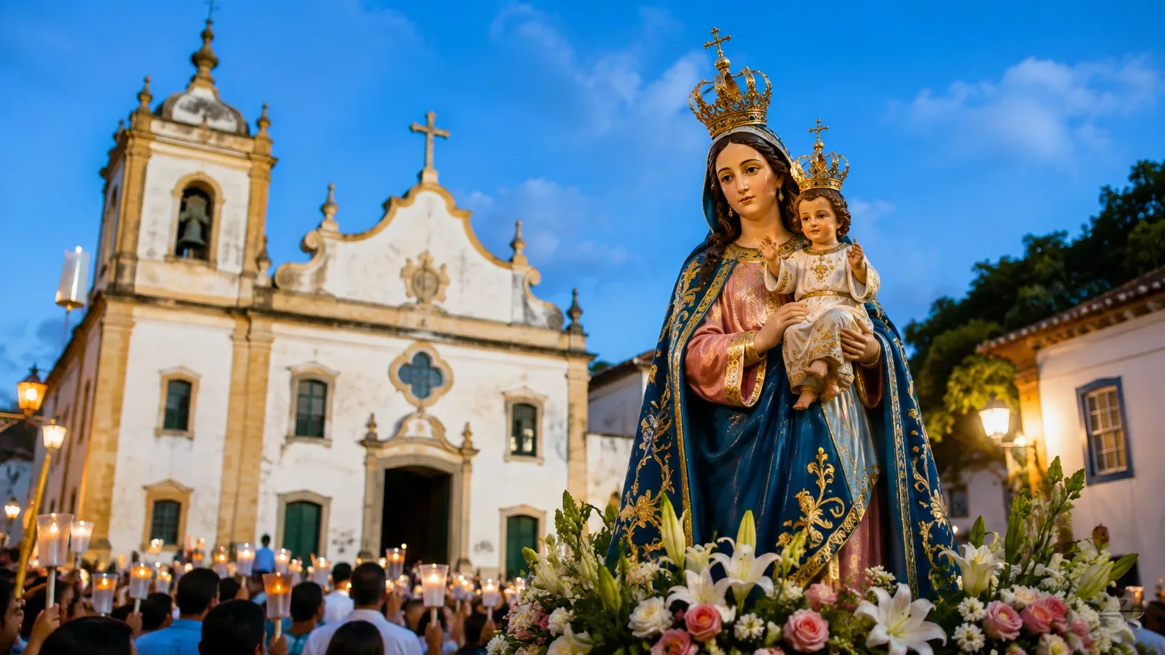 Nossa Senhora com o Menino Jesus em andor florido diante de igreja colonial, cercada por fiéis com velas durante uma procissão ao entardecer.
