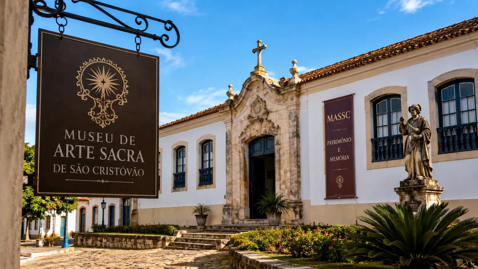 Fachada colonial representando o Museu de Arte Sacra de São Cristóvão, com placa pendente, entrada em cantaria, jardim e estátua religiosa.