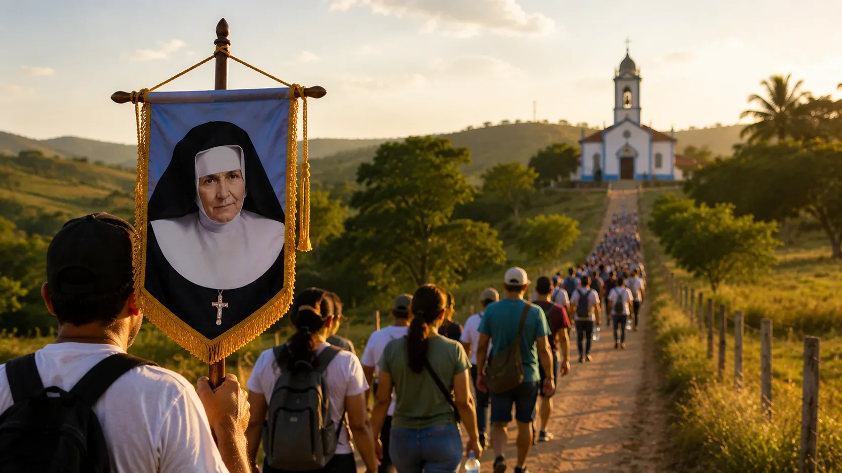 Peregrinos caminhando por estrada entre o povoado Candeias e Malhador durante celebração em honra a Santa Dulce dos Pobres