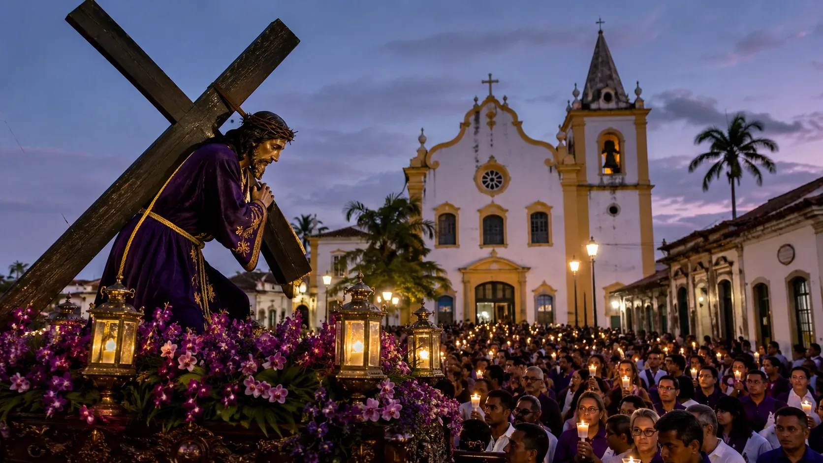 Andor com imagem de Jesus carregando a cruz diante de uma igreja colonial, cercado por romeiros com velas ao entardecer.