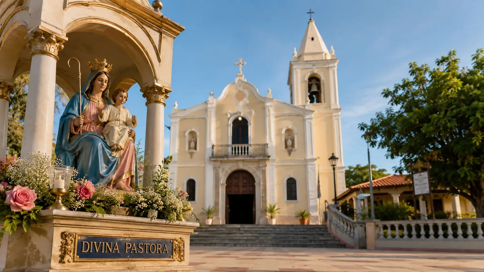 Estátua coroada de Nossa Senhora Divina Pastora com o Menino Jesus em primeiro plano e fachada clara de igreja ao fundo sob céu azul