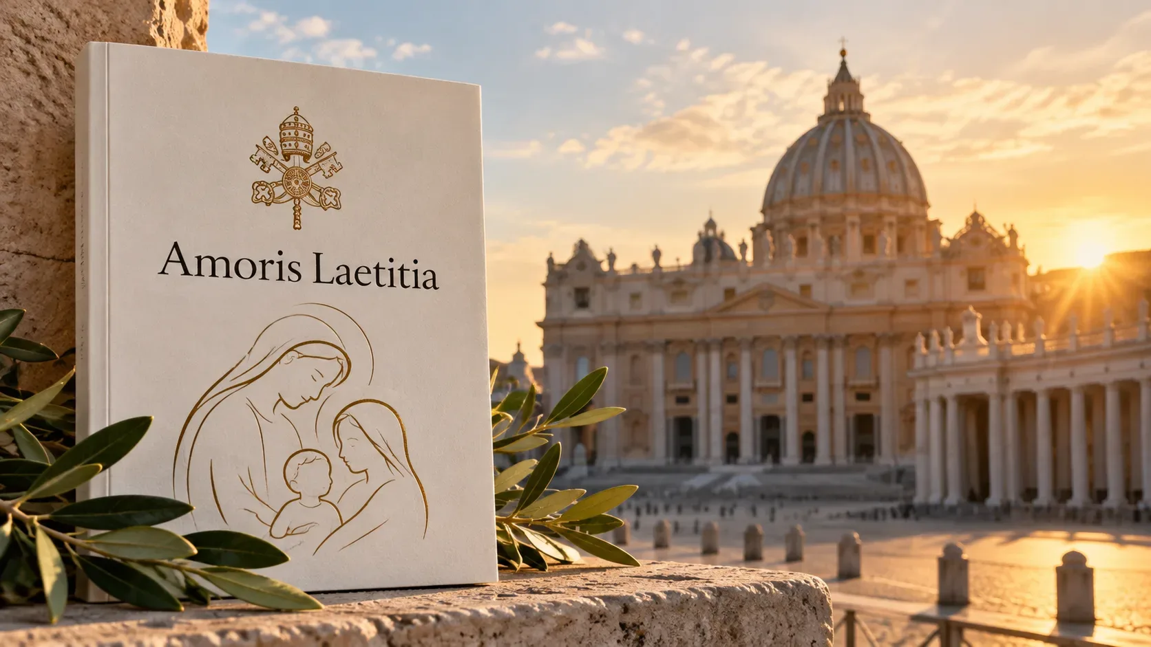 Livro claro com o título Amoris Laetitia diante de uma basílica inspirada em São Pedro ao pôr do sol, cercado por ramos de oliveira.