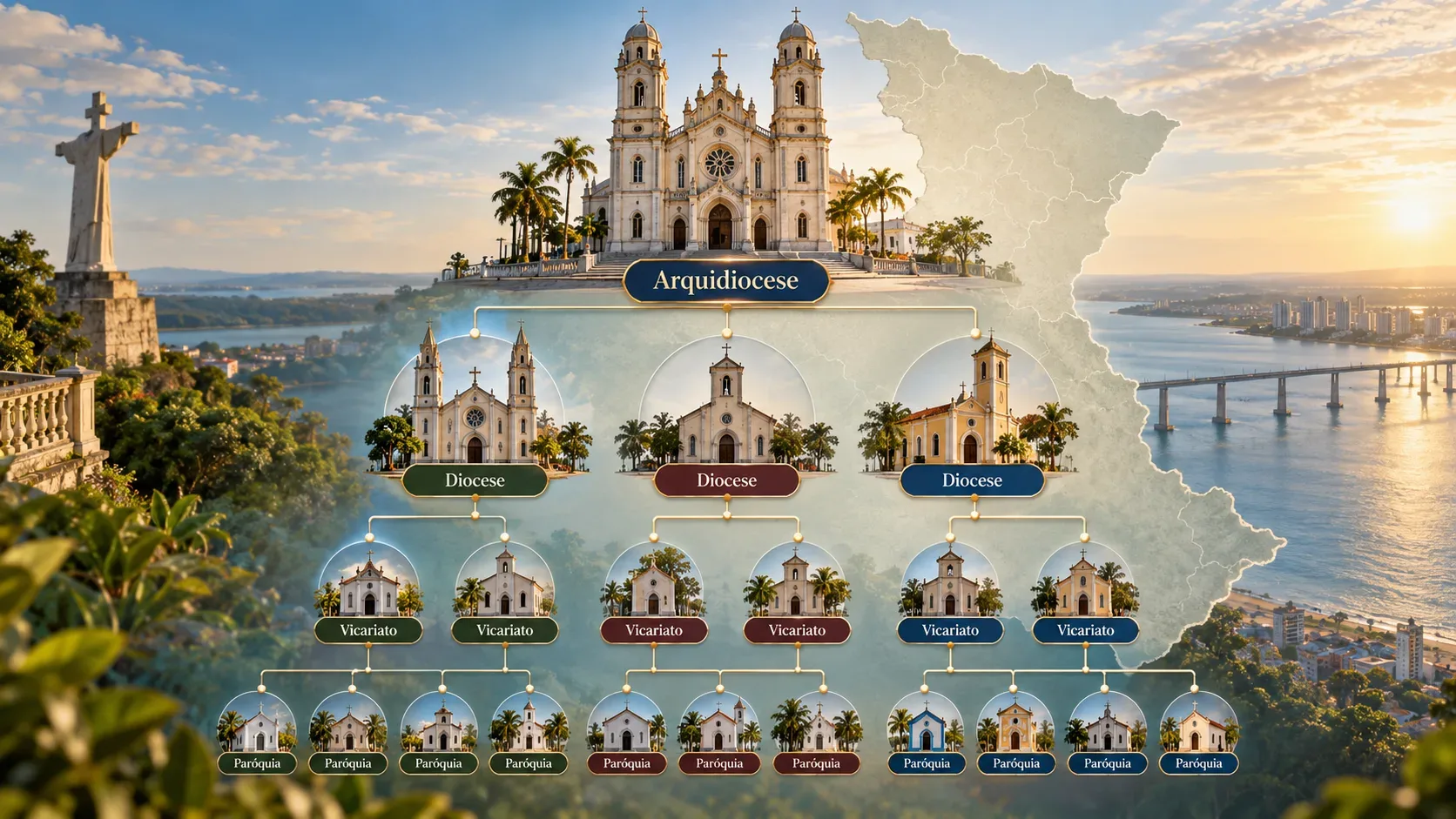 Organograma ilustrado com uma catedral, igrejas menores, o mapa de Sergipe e níveis identificados como arquidiocese, diocese, vicariato e paróquia.