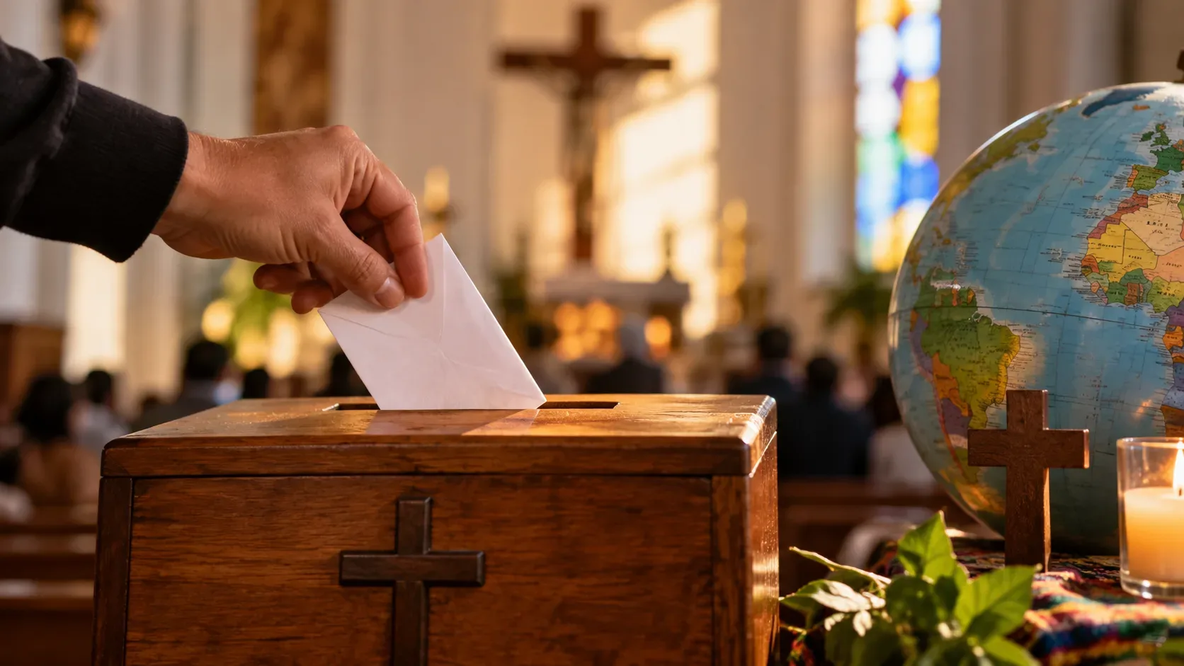 Mão coloca um envelope em uma caixa de coleta de madeira dentro de uma igreja, ao lado de um globo, uma cruz e uma vela.