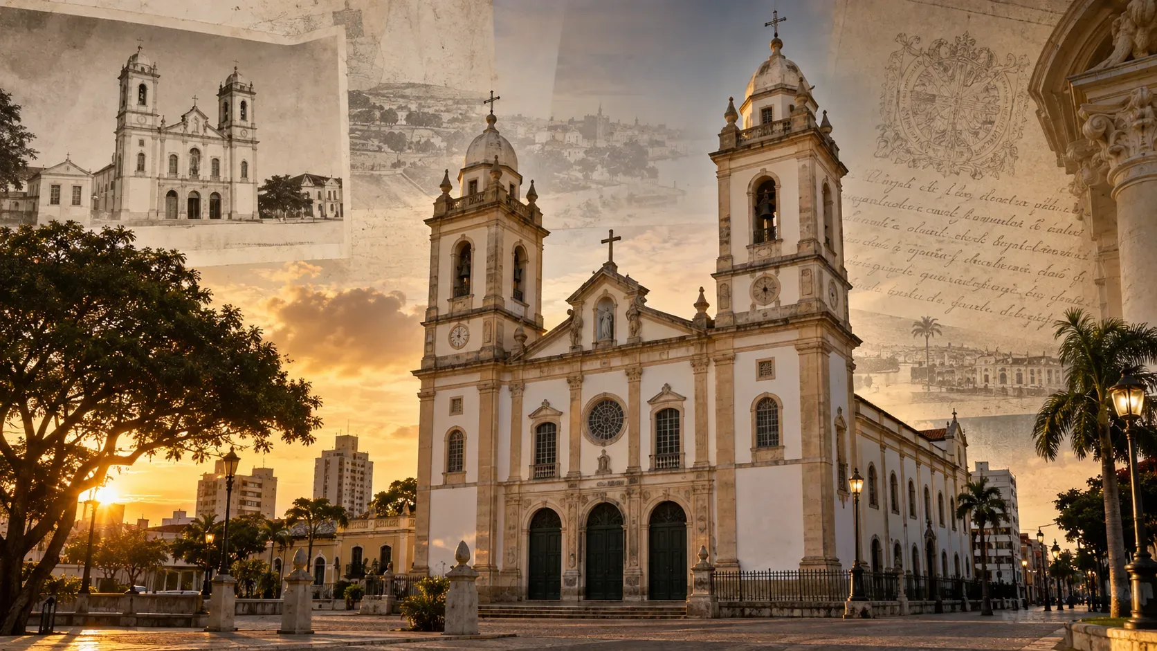 Fachada de catedral histórica ao pôr do sol, com duas torres e sobreposições de fotografias e documentos antigos.