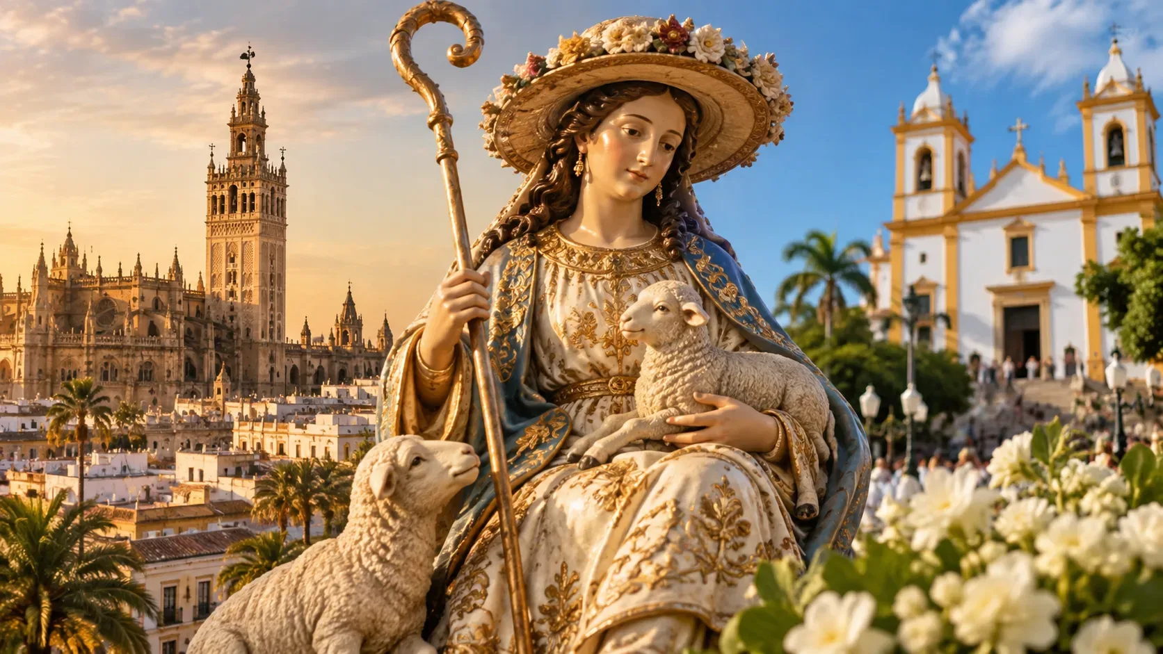 Nossa Senhora representada como Divina Pastora com cajado e cordeiros entre uma paisagem inspirada em Sevilha e uma igreja sergipana, simbolizando a trajetória da devoção.