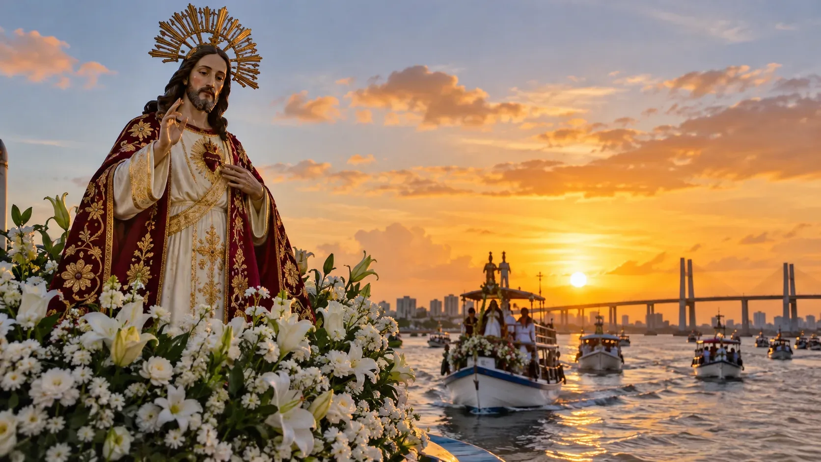 Imagem religiosa do Senhor do Bonfim em primeiro plano, com barcos de uma procissão sobre o rio ao pôr do sol e uma ponte ao fundo.