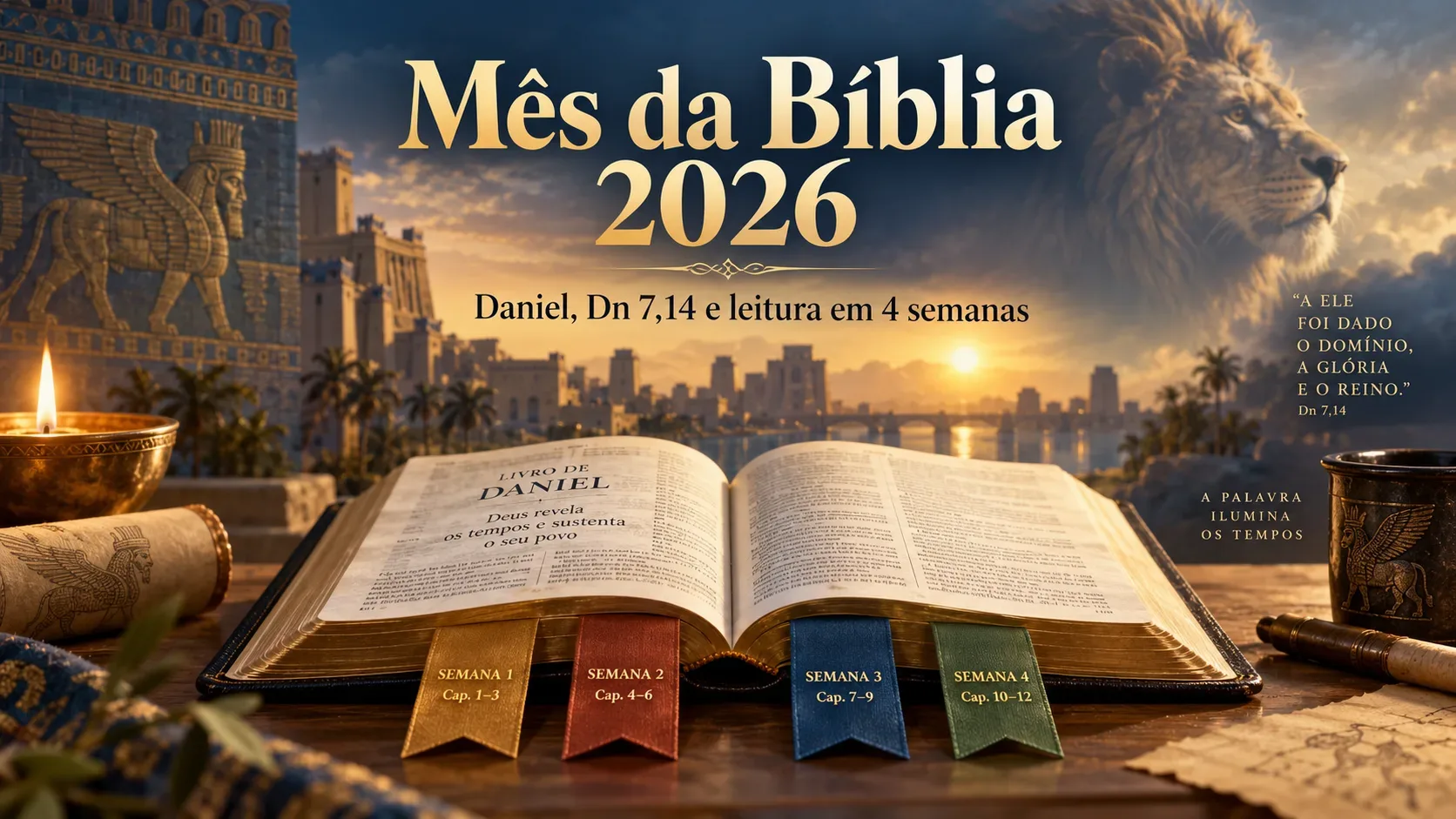 Bíblia aberta diante de uma paisagem inspirada na antiga Babilônia, com um leão ao fundo e quatro marcadores coloridos representando as semanas de leitura.