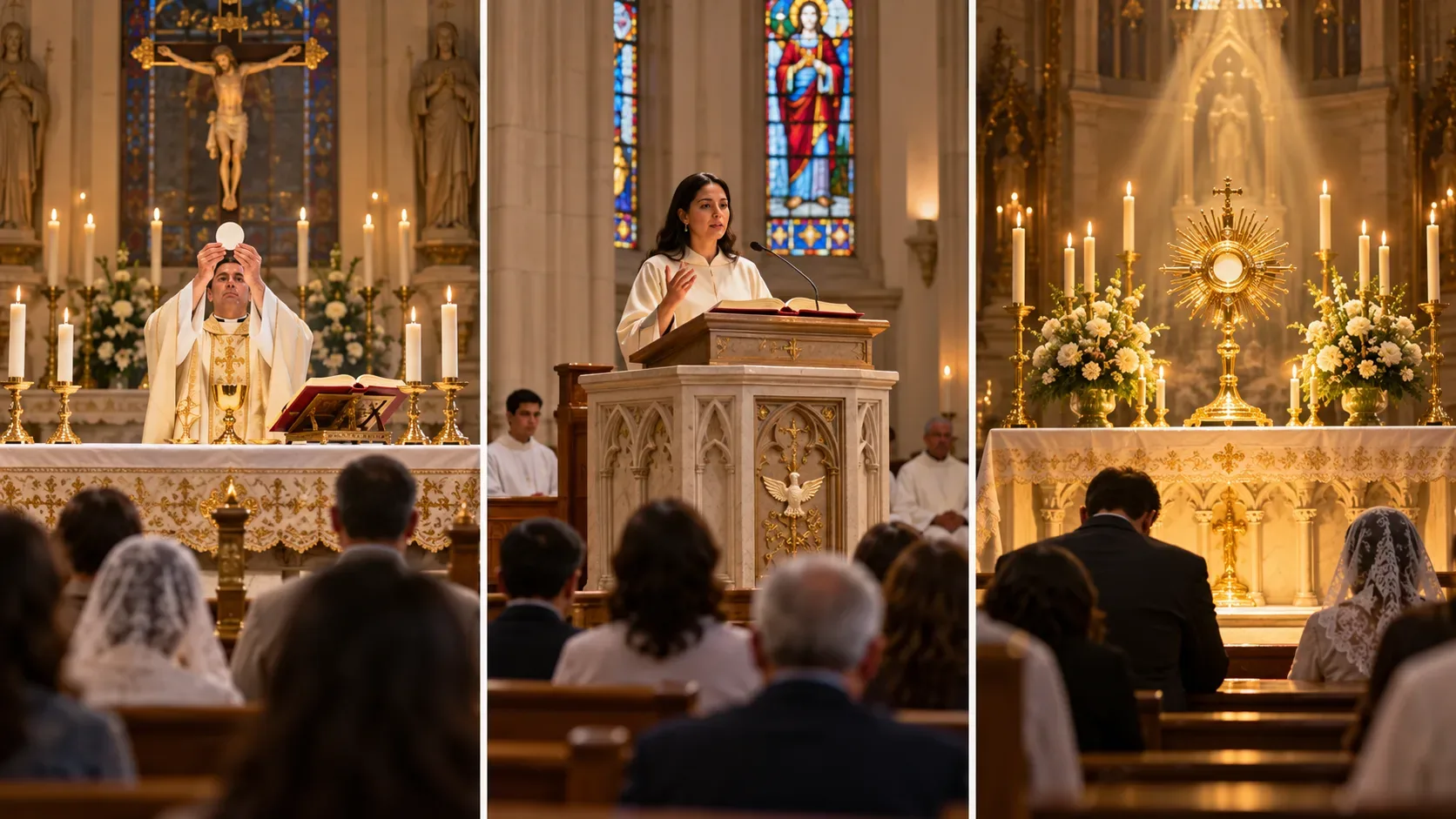 Tríptico em igreja católica com sacerdote elevando a hóstia na Missa, mulher proclamando a Palavra no ambão e ostensório exposto diante de fiéis em adoração.