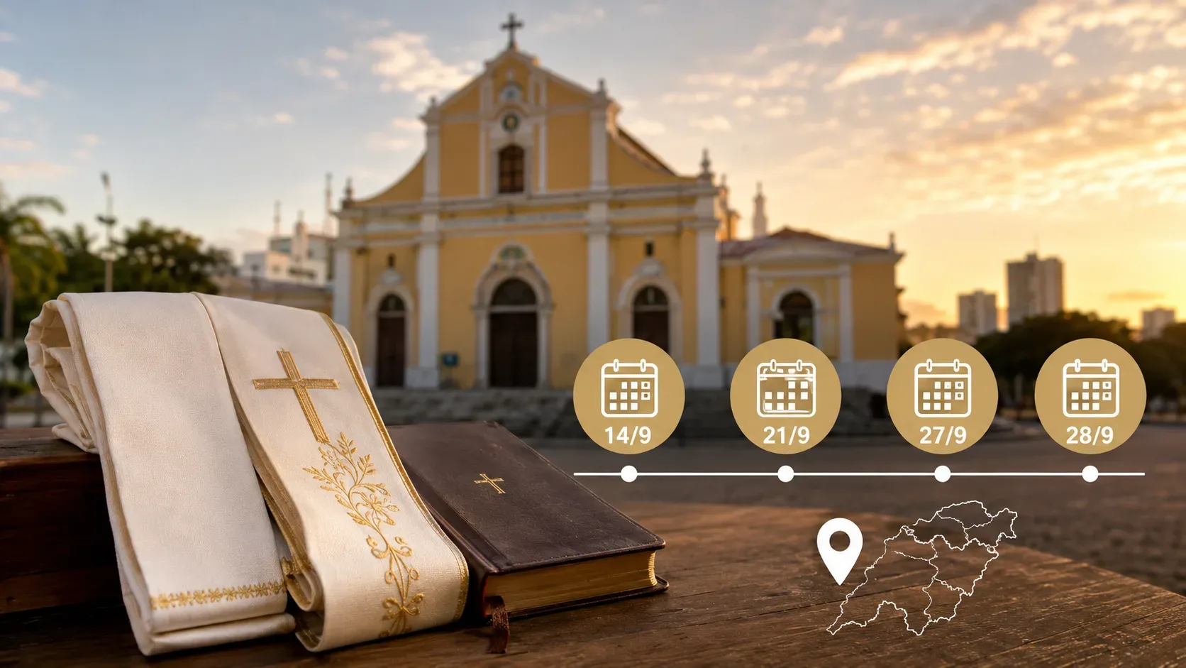 Estola branca e Bíblia em primeiro plano diante de uma igreja ao entardecer, com quatro ícones de calendário e mapa de Sergipe.