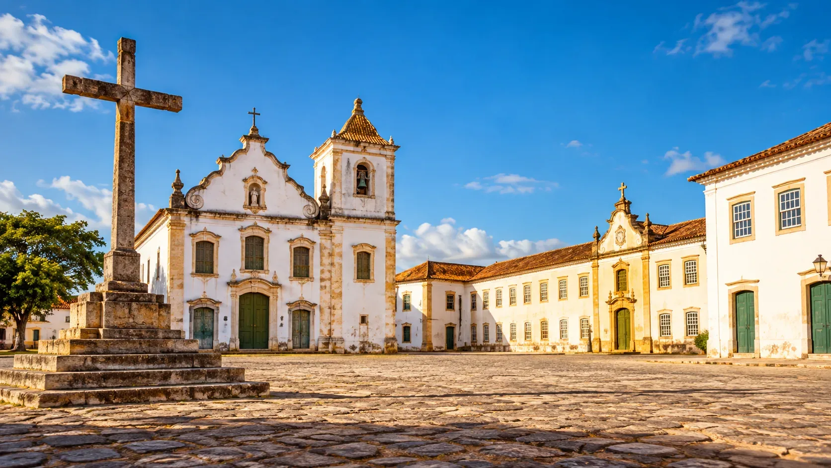 Representação de uma praça histórica de pedra com cruzeiro em primeiro plano, igreja, torre e edifícios conventuais coloniais brancos sob céu azul.