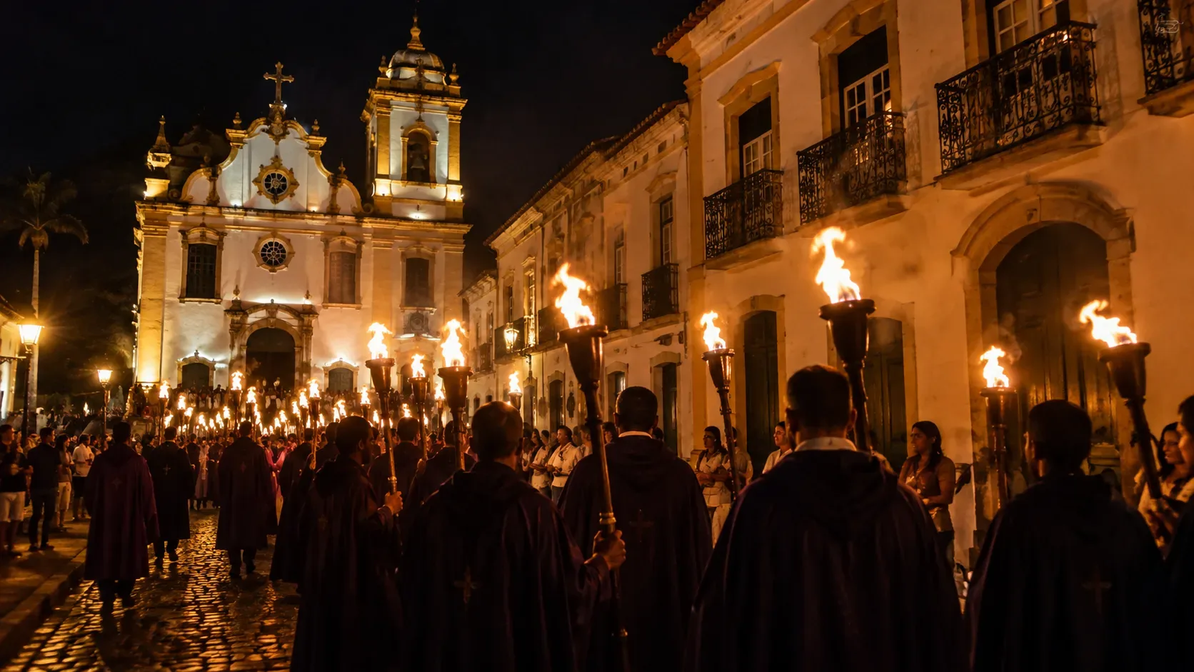 Homens de capas escuras carregam tochas acesas por rua de pedra no Centro Histórico, diante de igreja colonial iluminada à noite.