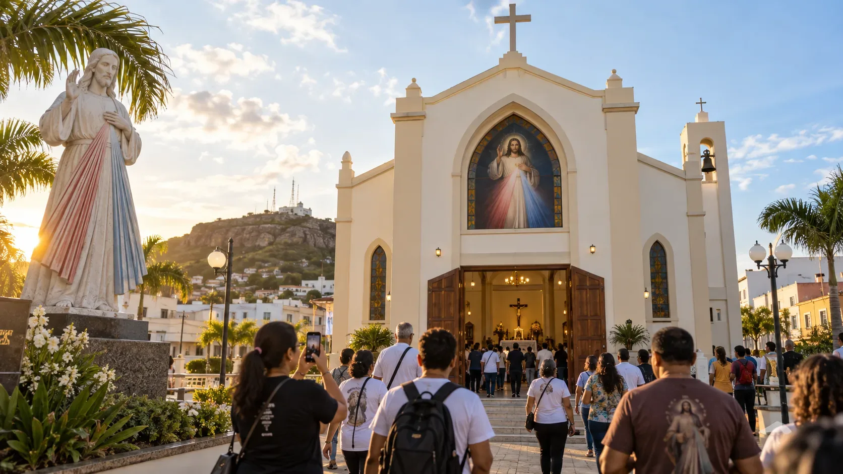 Cena editorial de fiéis caminhando em direção a um santuário católico, com representação de Jesus Misericordioso e luz quente de fim de tarde.