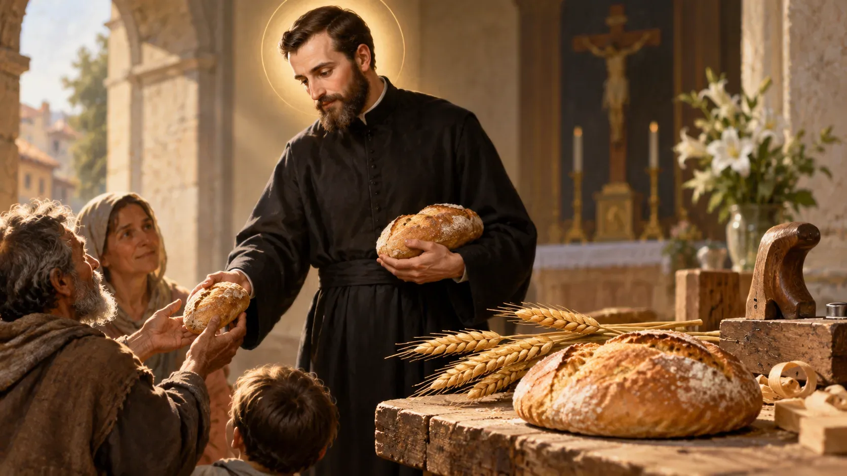 Representação editorial de São Caetano de Thiene com um pão em primeiro plano, simbolizando sustento, trabalho e confiança na Providência.