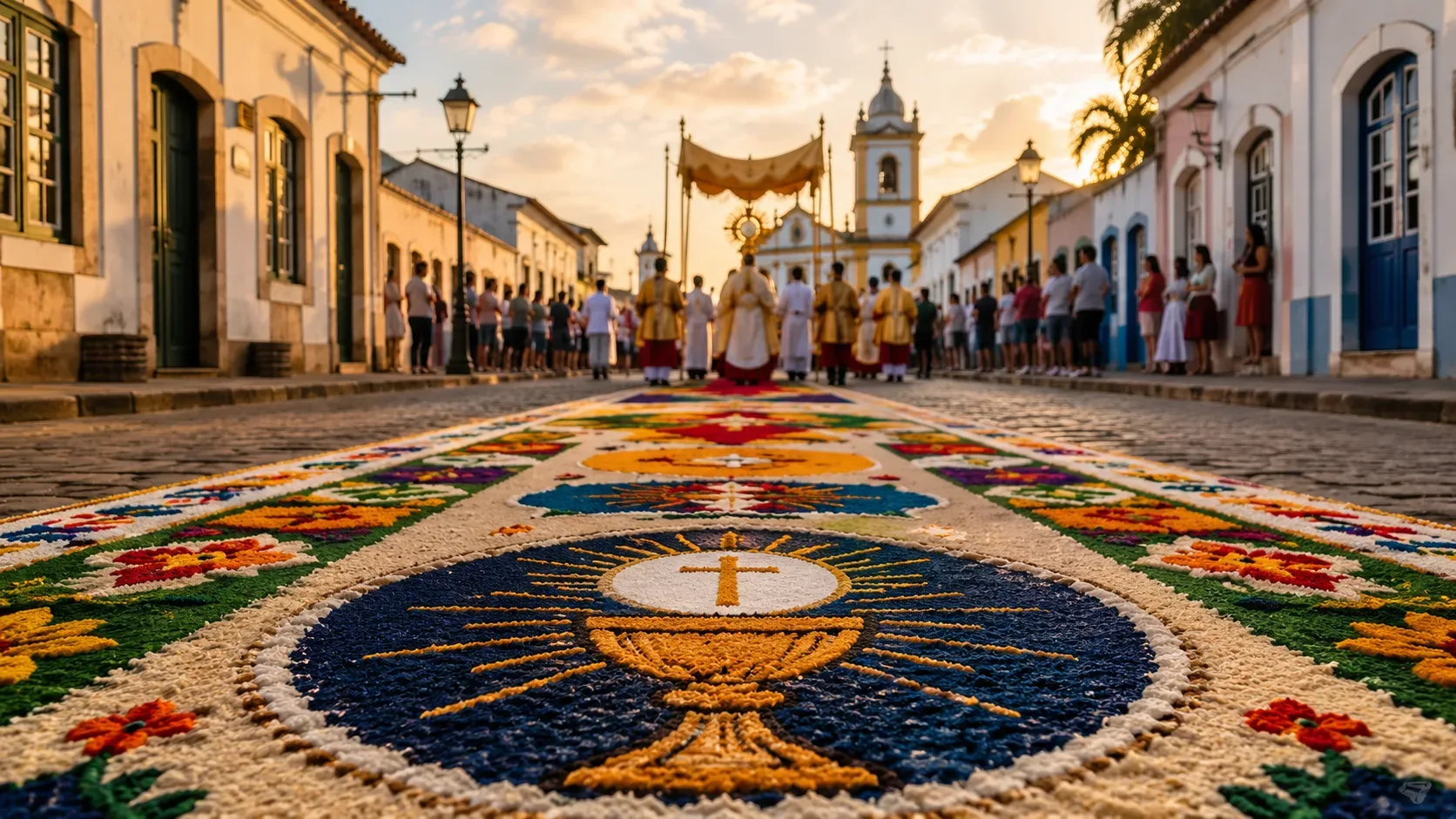 Tapete colorido de Corpus Christi estendido por uma rua de pedras do Centro Histórico, com procissão religiosa e igreja ao fundo.