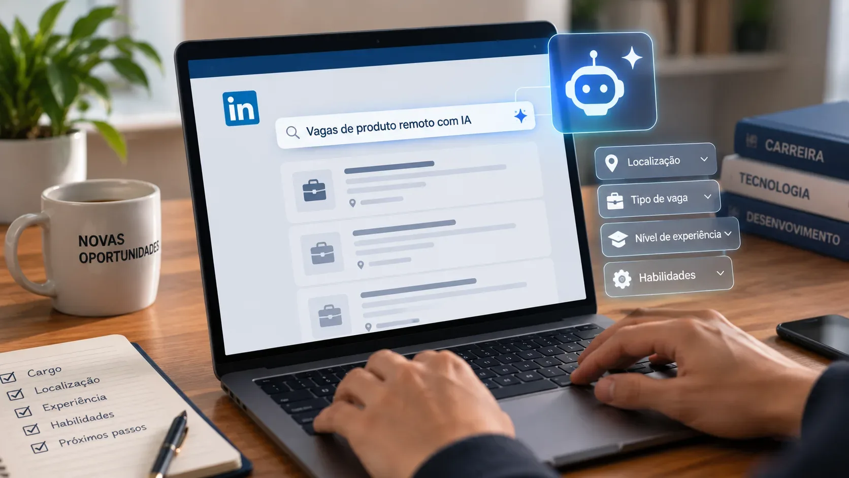 Notebook com interface de busca de vagas do LinkedIn e filtros de localização, tipo de vaga, experiência e habilidades, enquanto uma pessoa digita.
