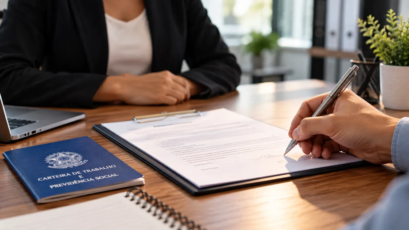Pessoa assina um contrato de trabalho em uma mesa de escritório diante de uma profissional de recursos humanos, com carteira de trabalho ao lado.