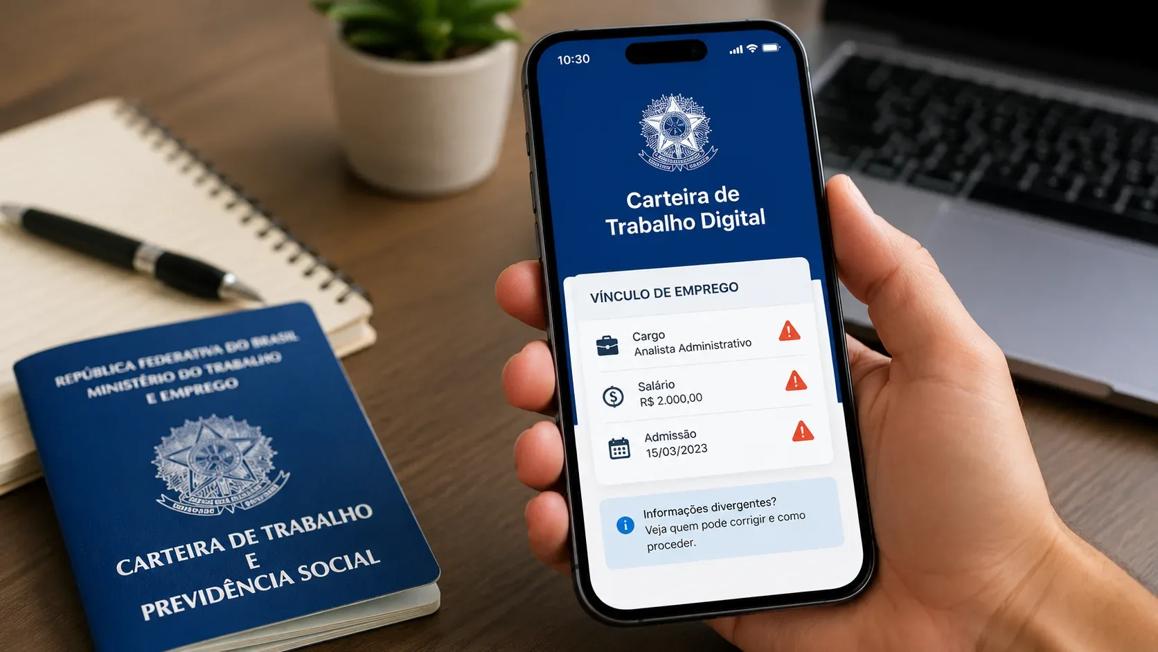 Mão segura smartphone com interface azul representando a Carteira de Trabalho Digital e campos de vínculo com alertas; ao lado, carteira de trabalho física, caderno e notebook.
