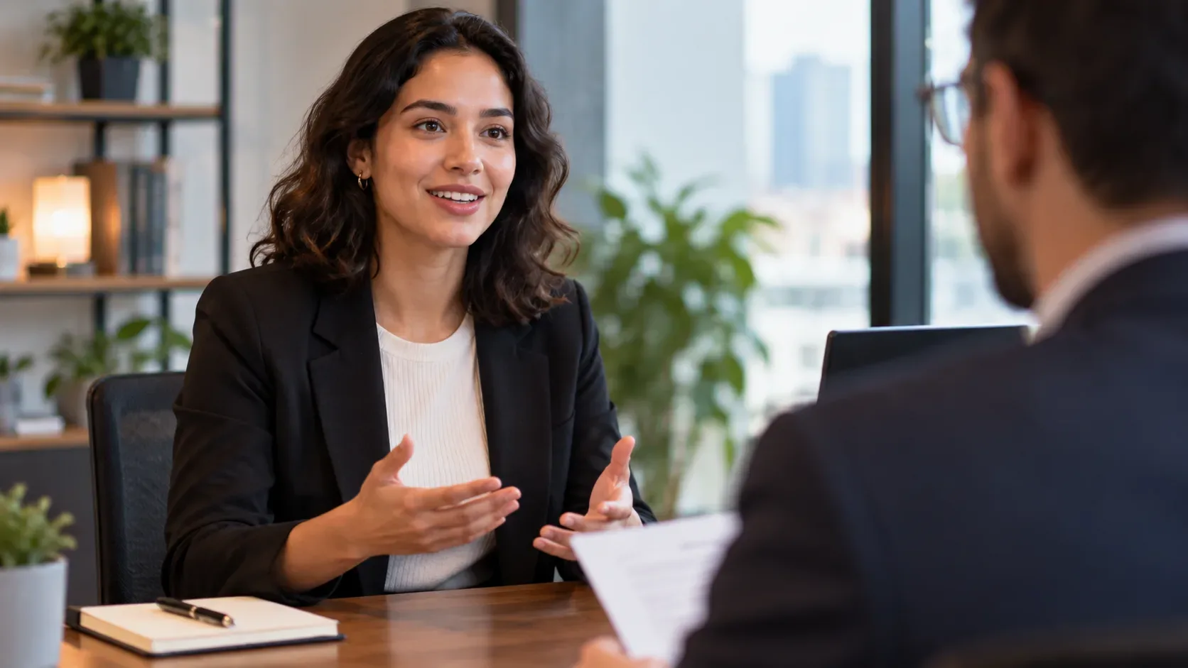 Candidata em entrevista de emprego conversa com recrutador em um escritório moderno, gesticulando enquanto apresenta sua trajetória profissional.