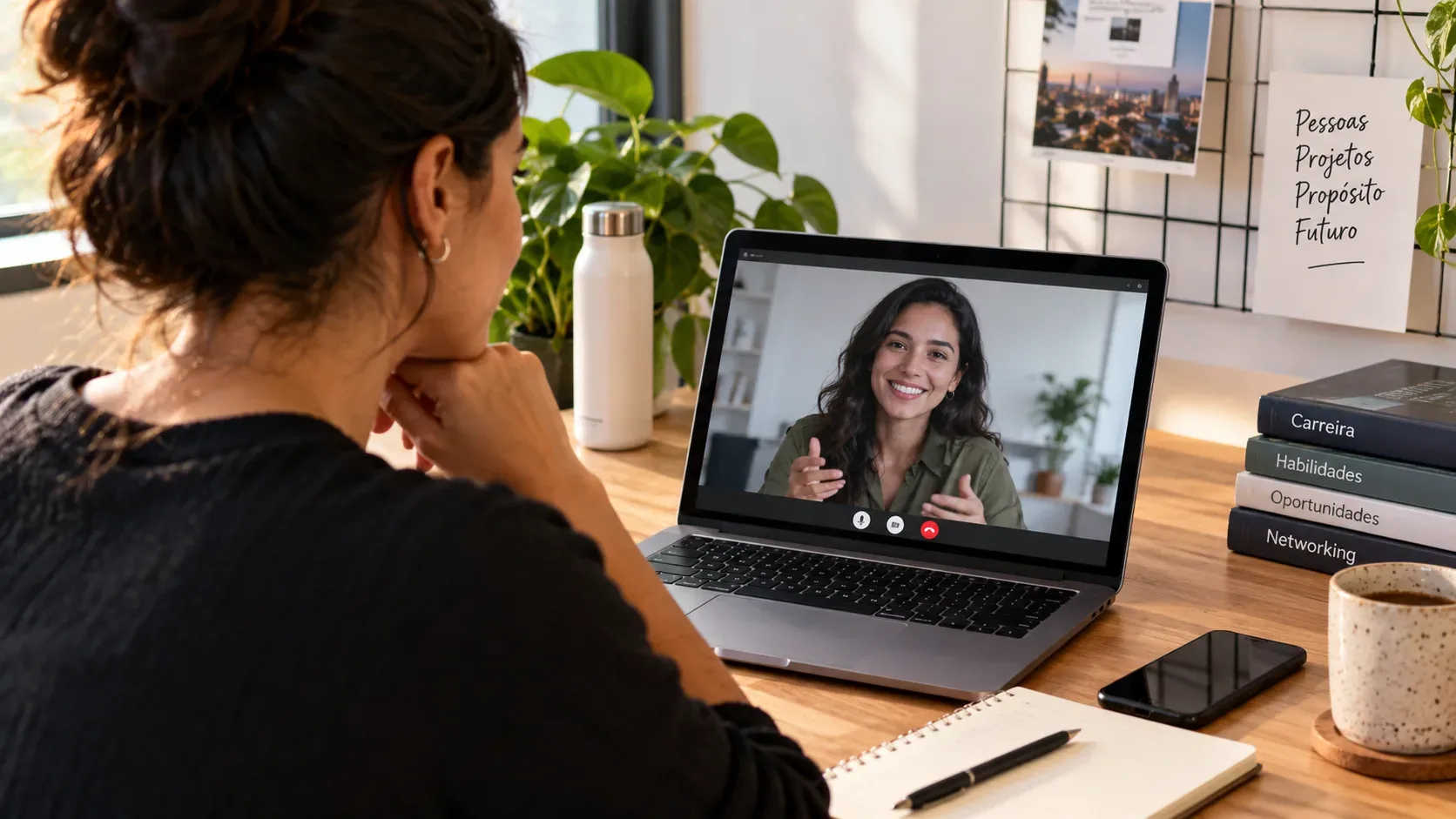 Profissional em home office participa de videochamada no notebook, com caderno, celular, caneca e livros sobre carreira e networking sobre a mesa.