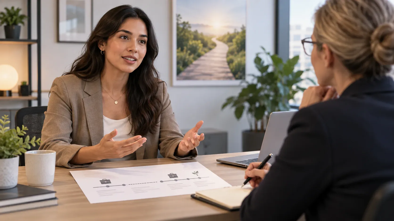 Candidata conversa com recrutadora em uma entrevista, diante de um documento com uma linha do tempo profissional que mostra um intervalo entre empregos.