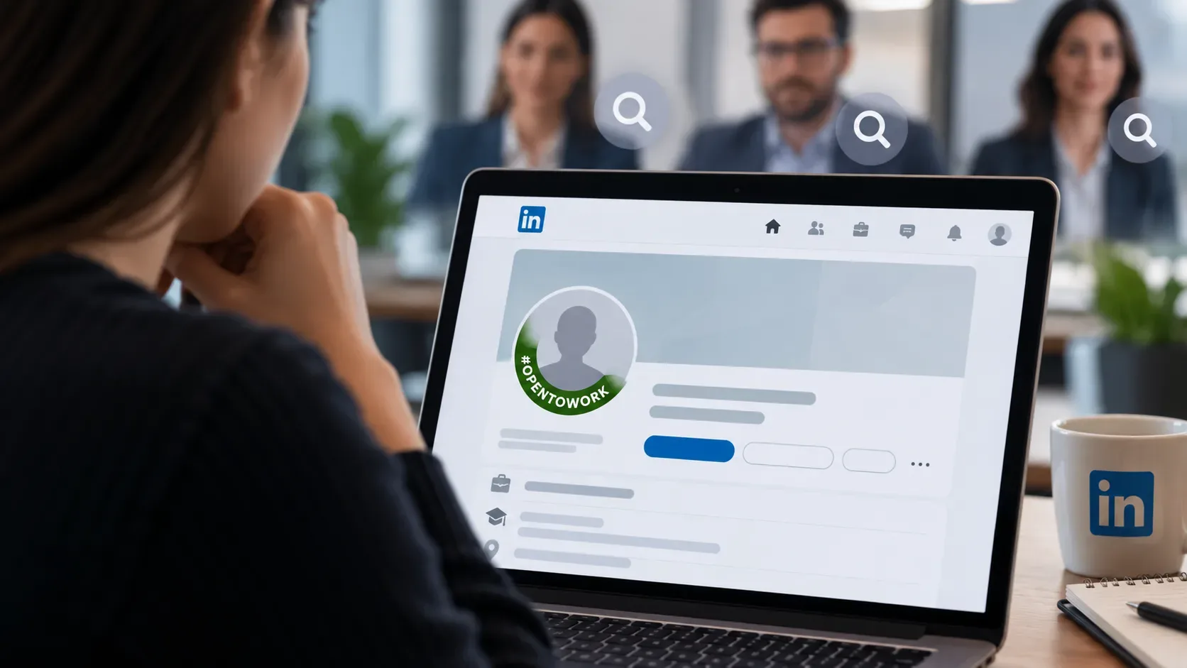 Profissional diante de notebook com perfil em estilo LinkedIn e selo verde Open to Work, com recrutadores desfocados ao fundo.