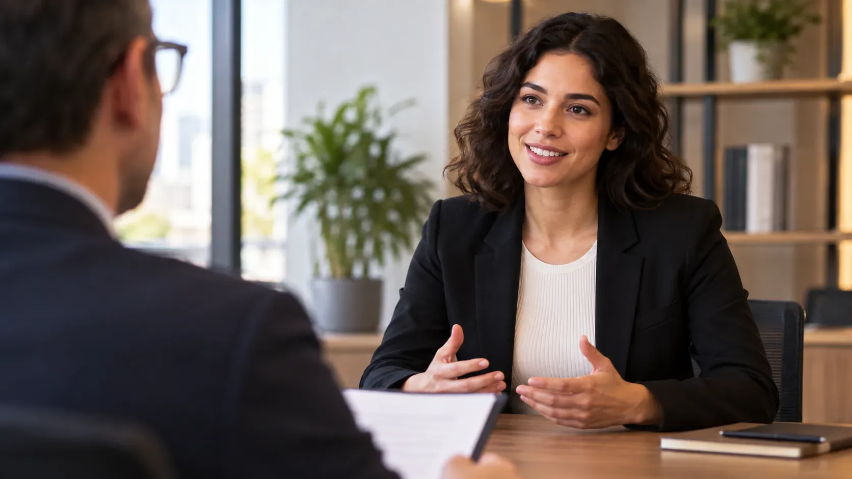 Candidata conversa com recrutador em uma entrevista de emprego, gesticulando de forma confiante em um escritório moderno.