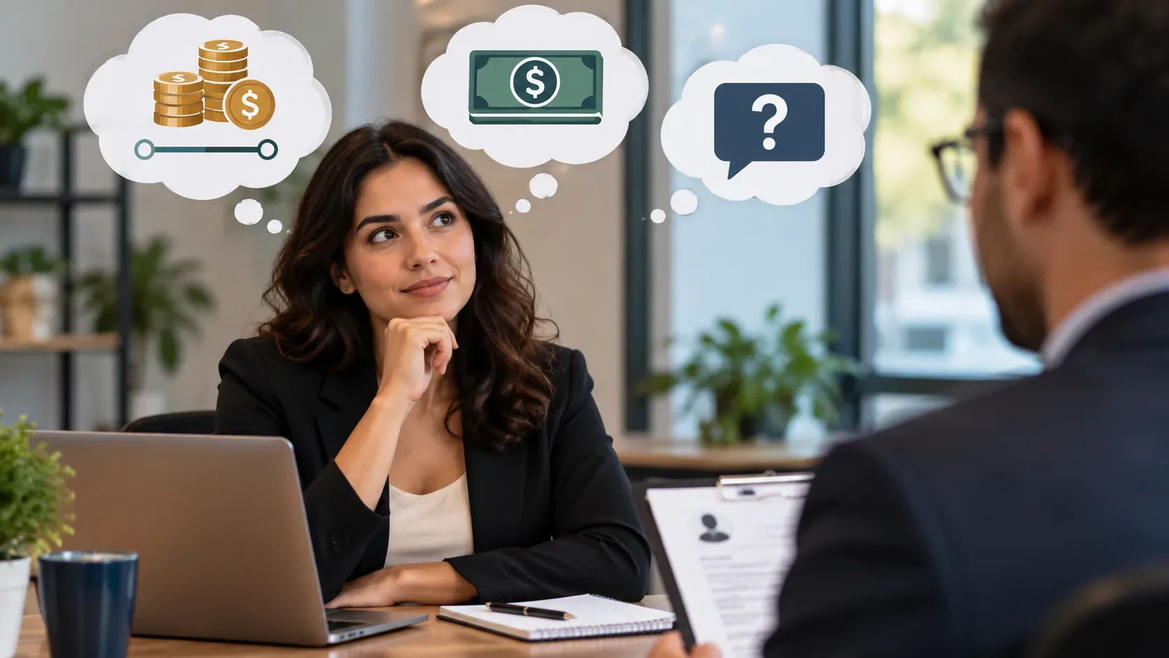 Candidata em entrevista de emprego avalia opções de remuneração diante de um recrutador, com símbolos de faixa salarial, dinheiro e dúvida acima da cena.