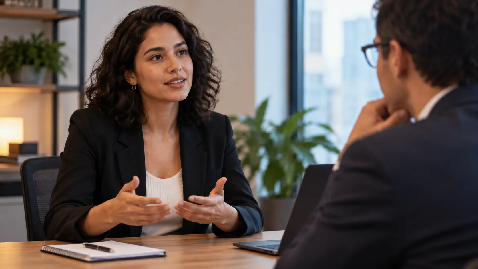 Candidata conversa com recrutador em uma entrevista de emprego, gesticulando diante de um notebook e um caderno sobre a mesa.