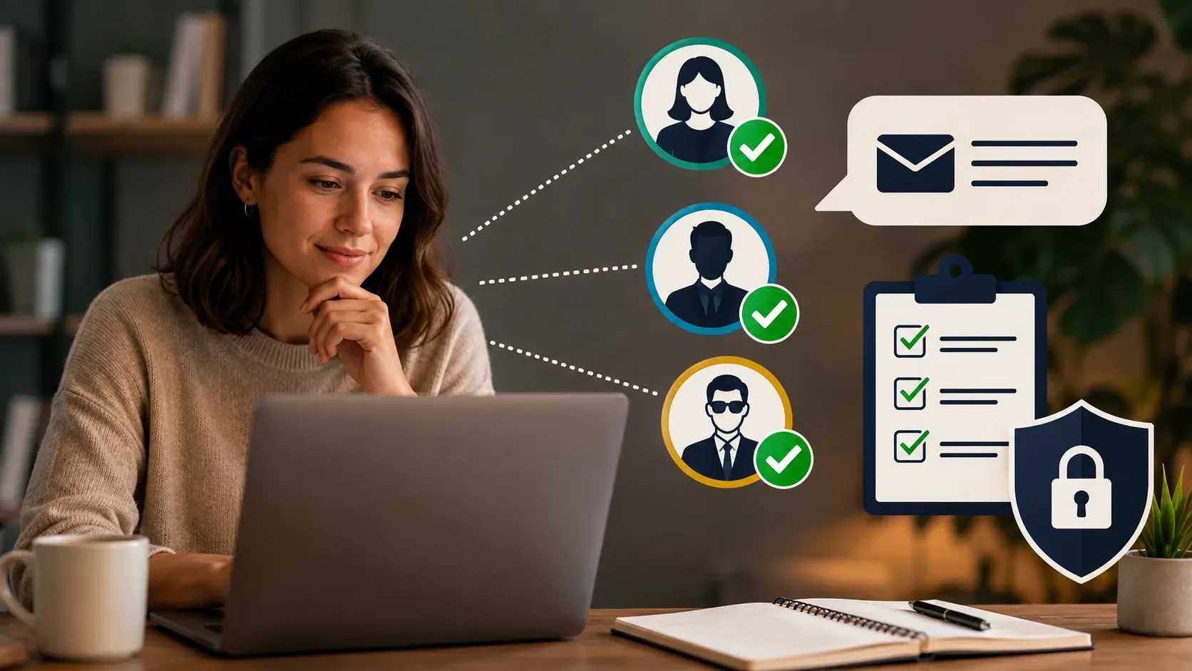 Profissional diante do notebook em home office, conectada a três perfis aprovados, com ícones de mensagem, checklist e cadeado simbolizando referências e confidencialidade.