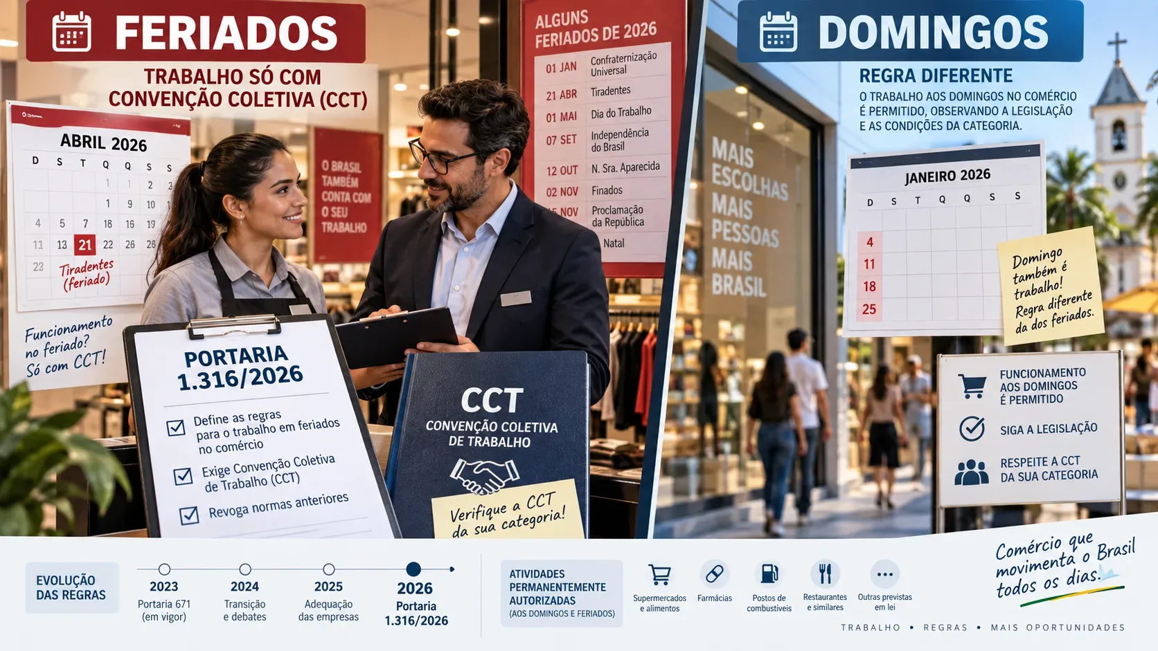 Capa dividida entre feriados e domingos no comércio, com funcionária e gestor de loja, calendários e documentos identificados como Portaria 1.316/2026 e CCT.