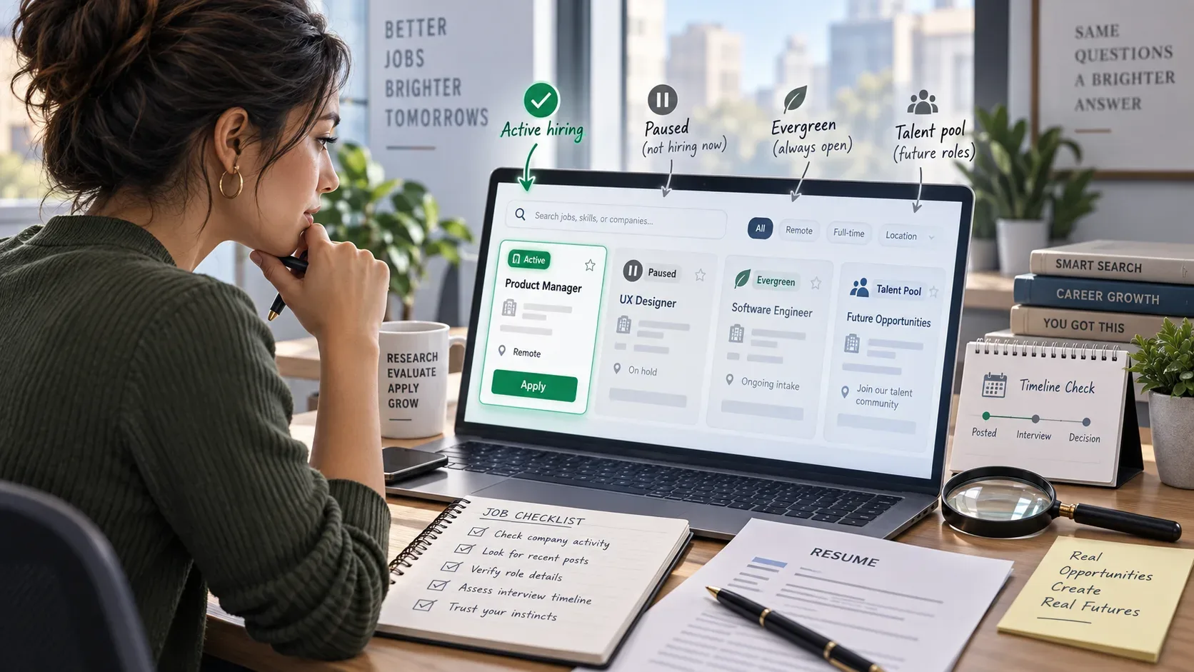 Candidata diante de um notebook comparando anúncios de emprego marcados como ativos, pausados, evergreen e banco de talentos, com checklist e currículo sobre a mesa.