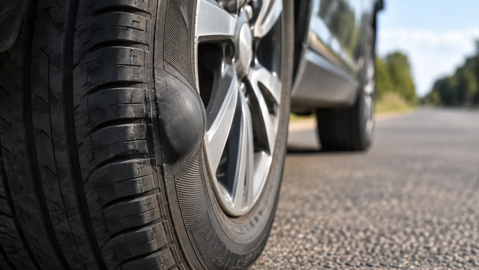 Close-up de um pneu de carro com uma grande bolha projetada para fora na lateral, ao lado da roda de liga leve sobre o asfalto.