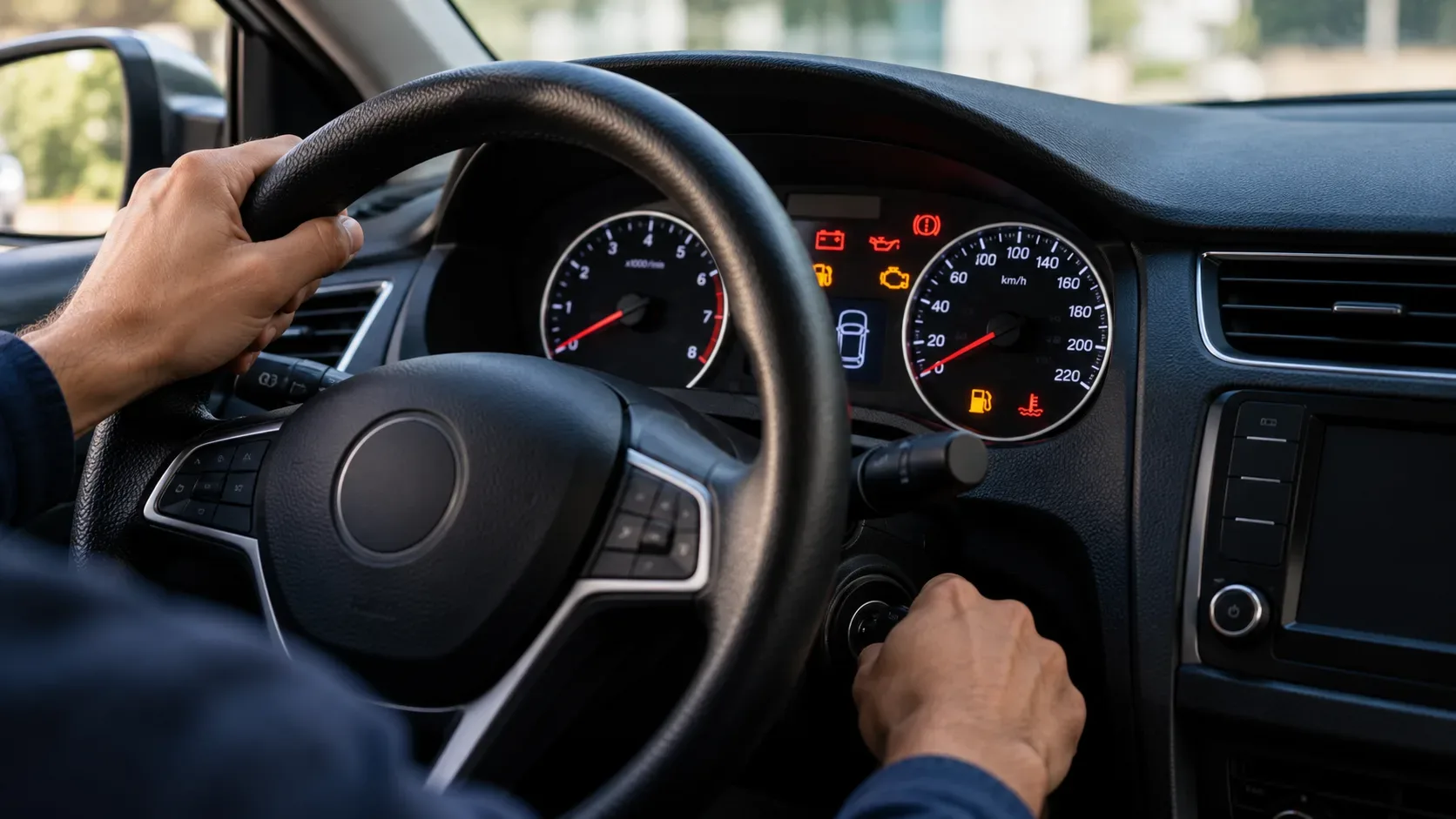 Motorista gira a chave de um carro parado enquanto o painel iluminado exibe várias luzes de advertência atrás do volante.